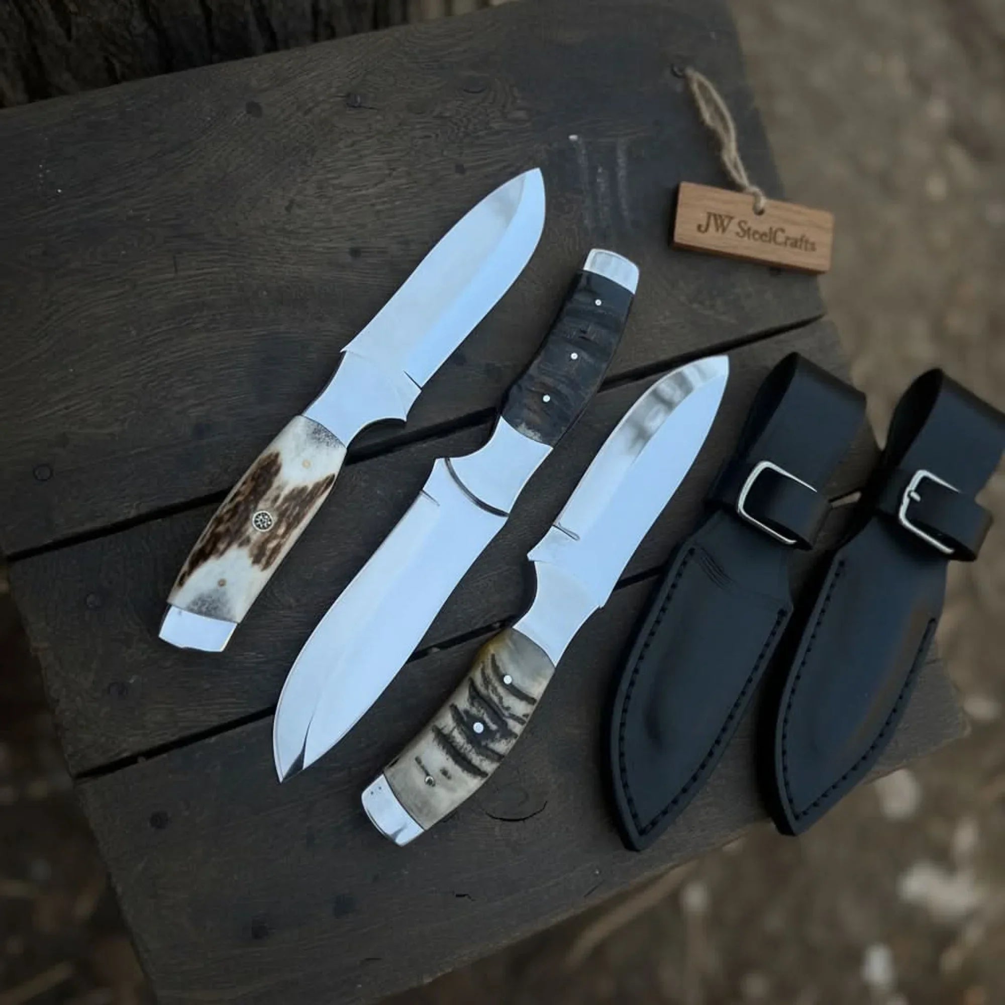 Handmade Antler Point Hunting Knife Set of 3-Piece Fixed Blade Set with Leather Sheath