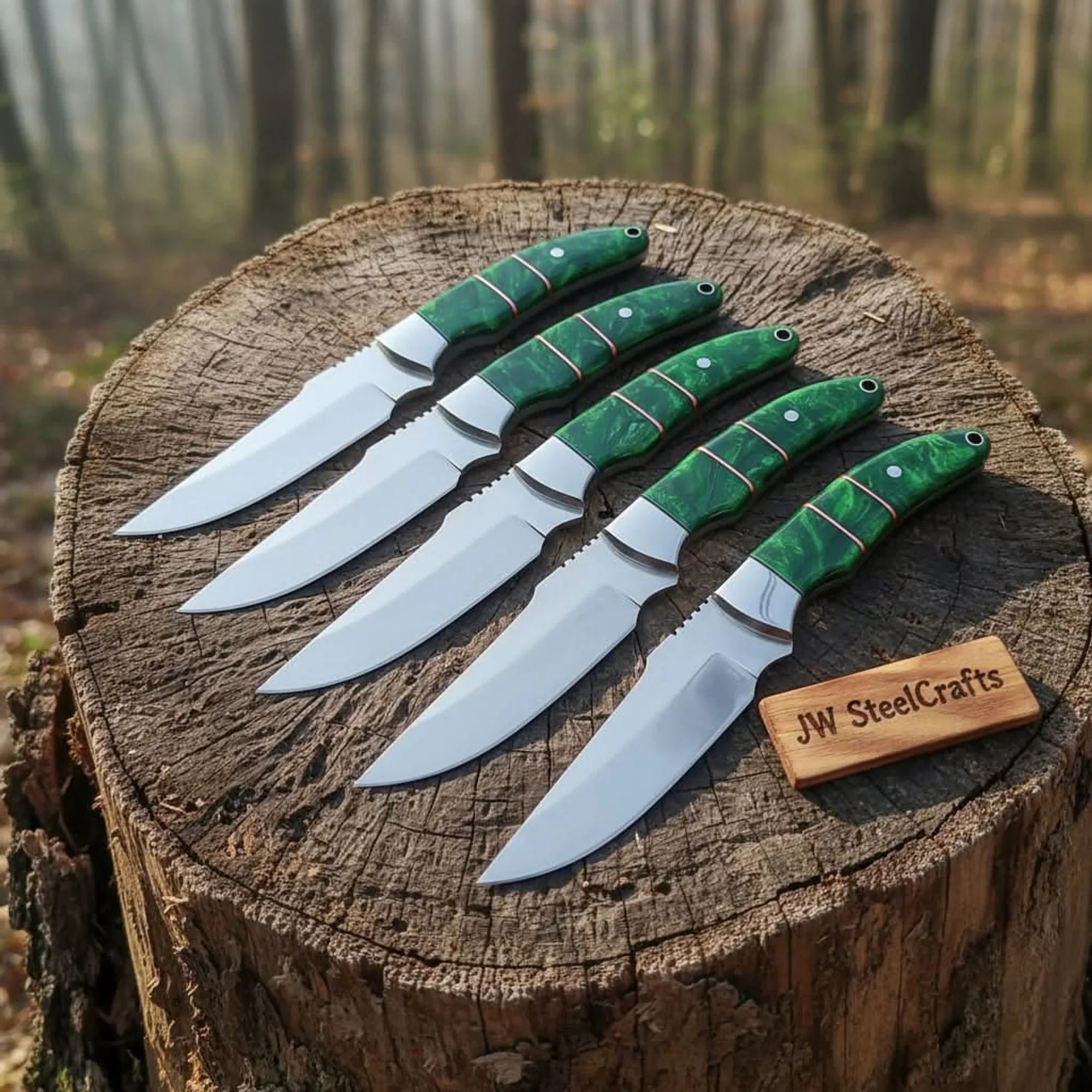 Hunting Skinner Knife Set Handmade 5-Piece J2 Steel Blades with Green Resin Handles