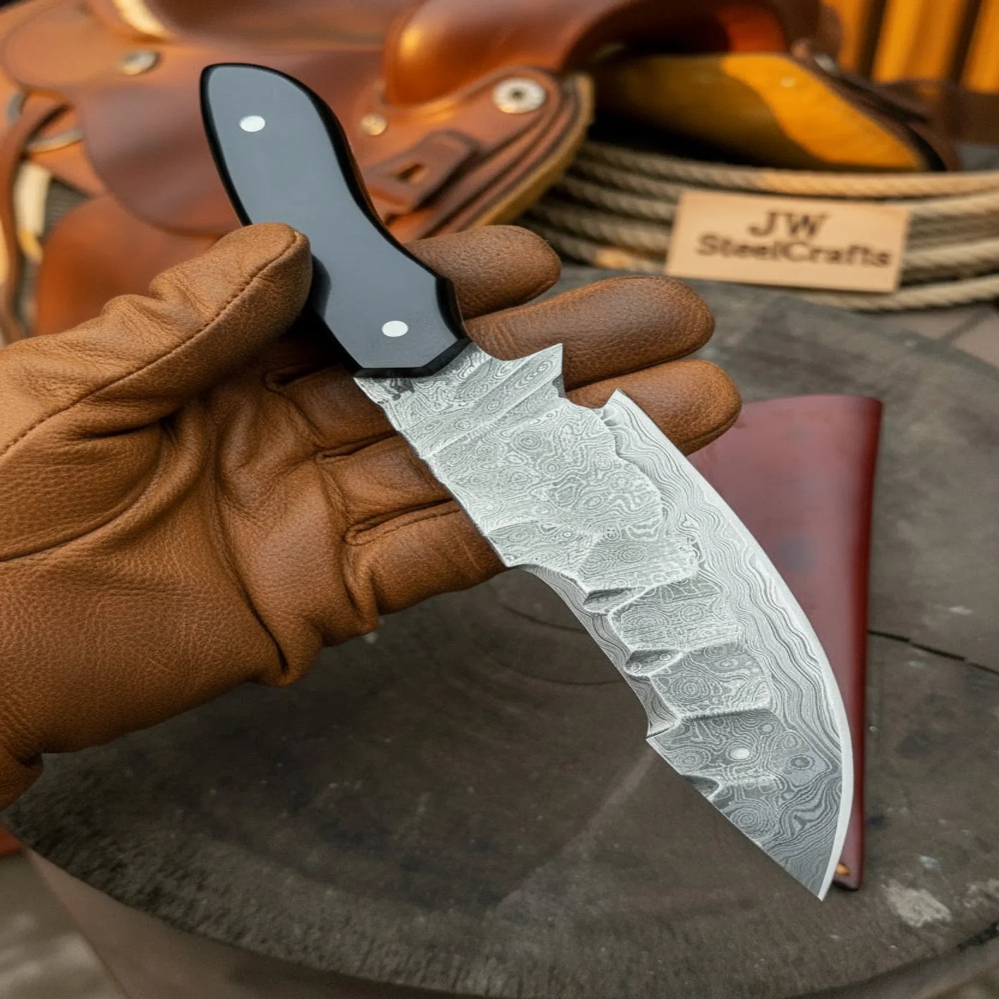 Damascus Field Knife 9” Blade Handmade Black Epoxy Resin Handle with Sheath