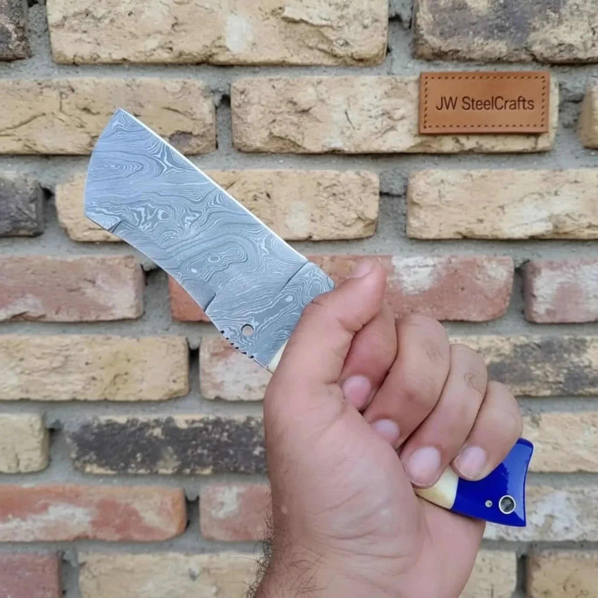 Handmade Damascus Tanto Knife with Bone and Blue Resin Handle, Fixed Blade Outdoor Utility Knife