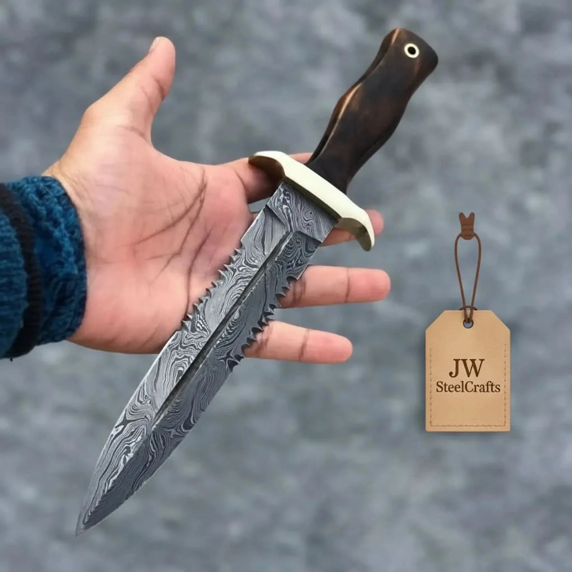 Hammer forged Damascus Dagger Knife with 8” Double Edge Serrated Blade, Sawback Spine, Brass Guard, Rosewood Handle (Full Tang Fixed Blade)