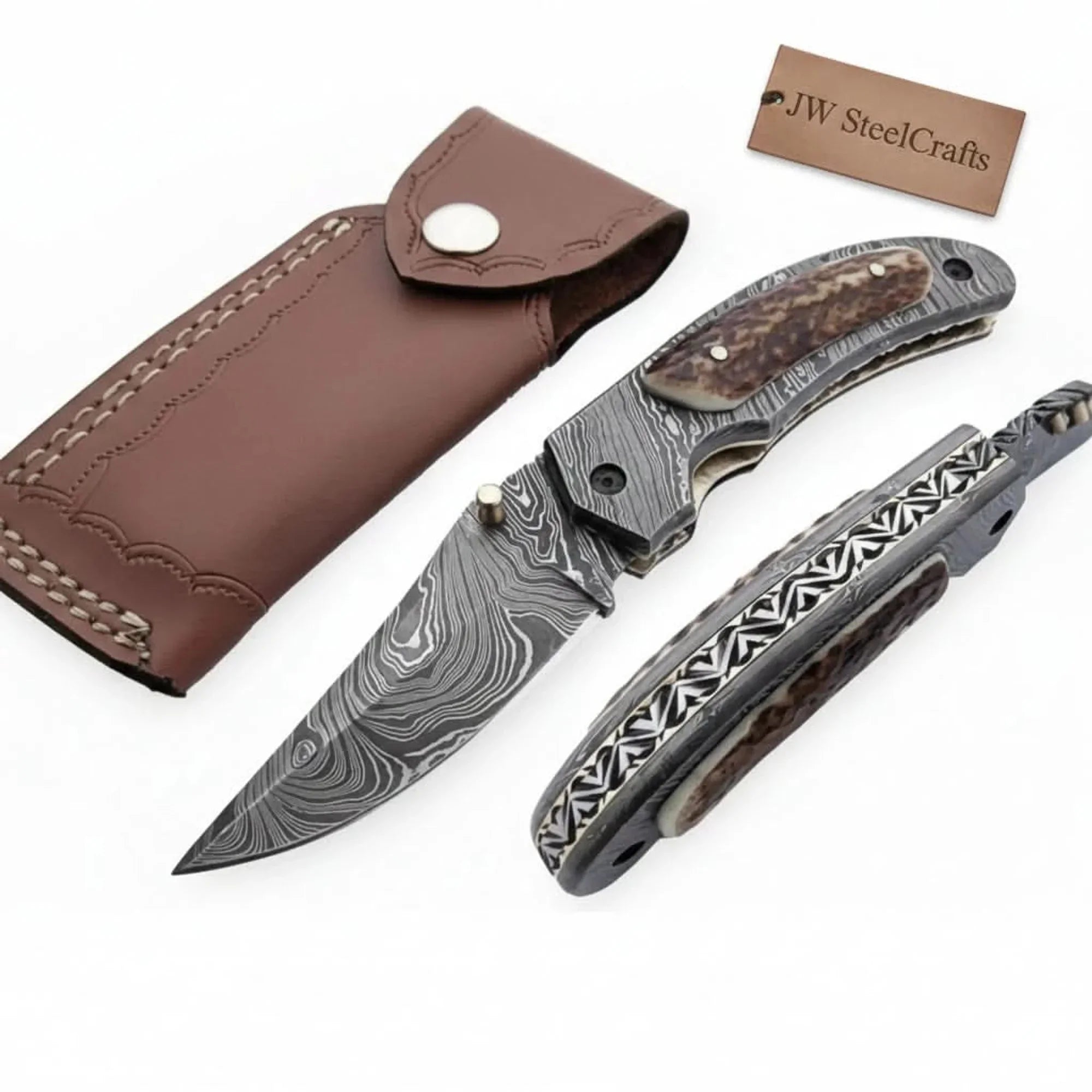 Handmade Damascus Folding Knife with Stag Horn Handle - Everyday Carry Knife by JW SteelCrafts