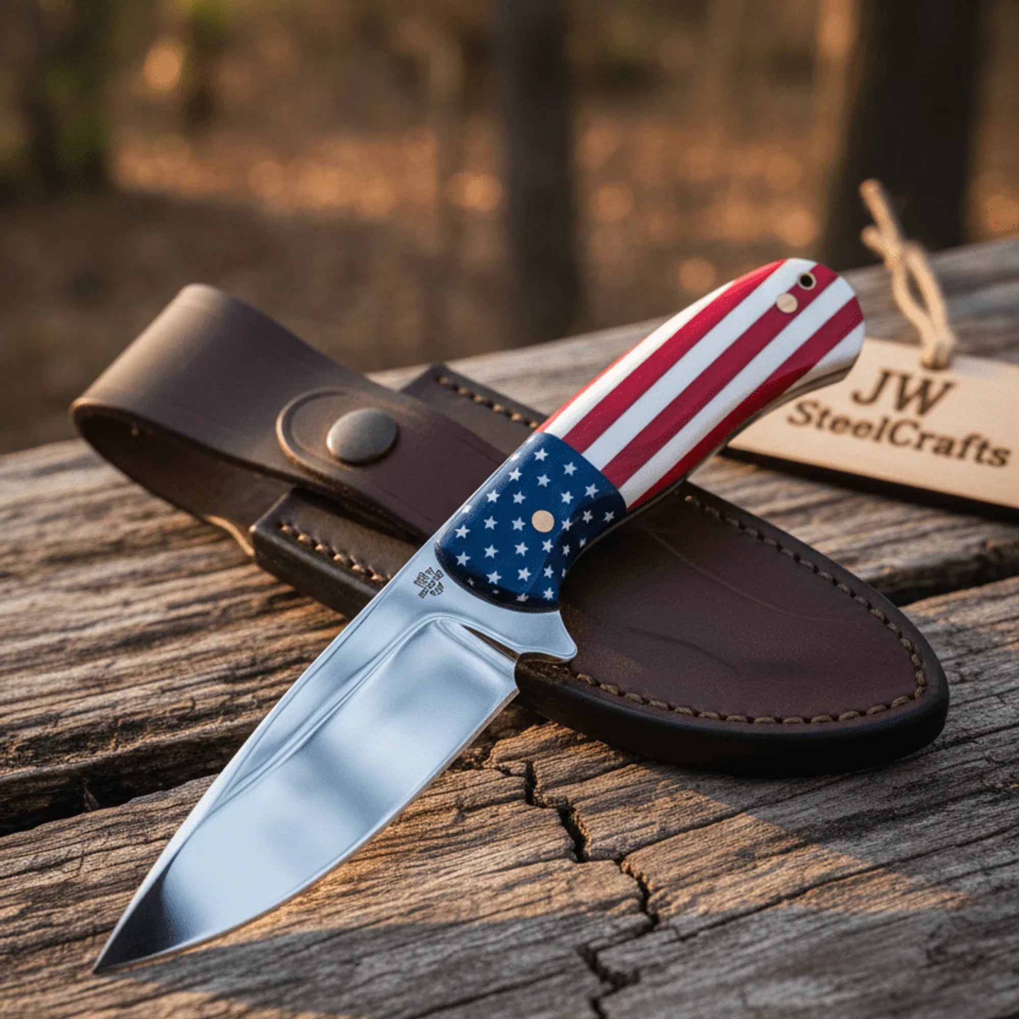 Handmade Drop Point Hunting Knife High Polish Bearing Steel Blade, USA Flag Handle