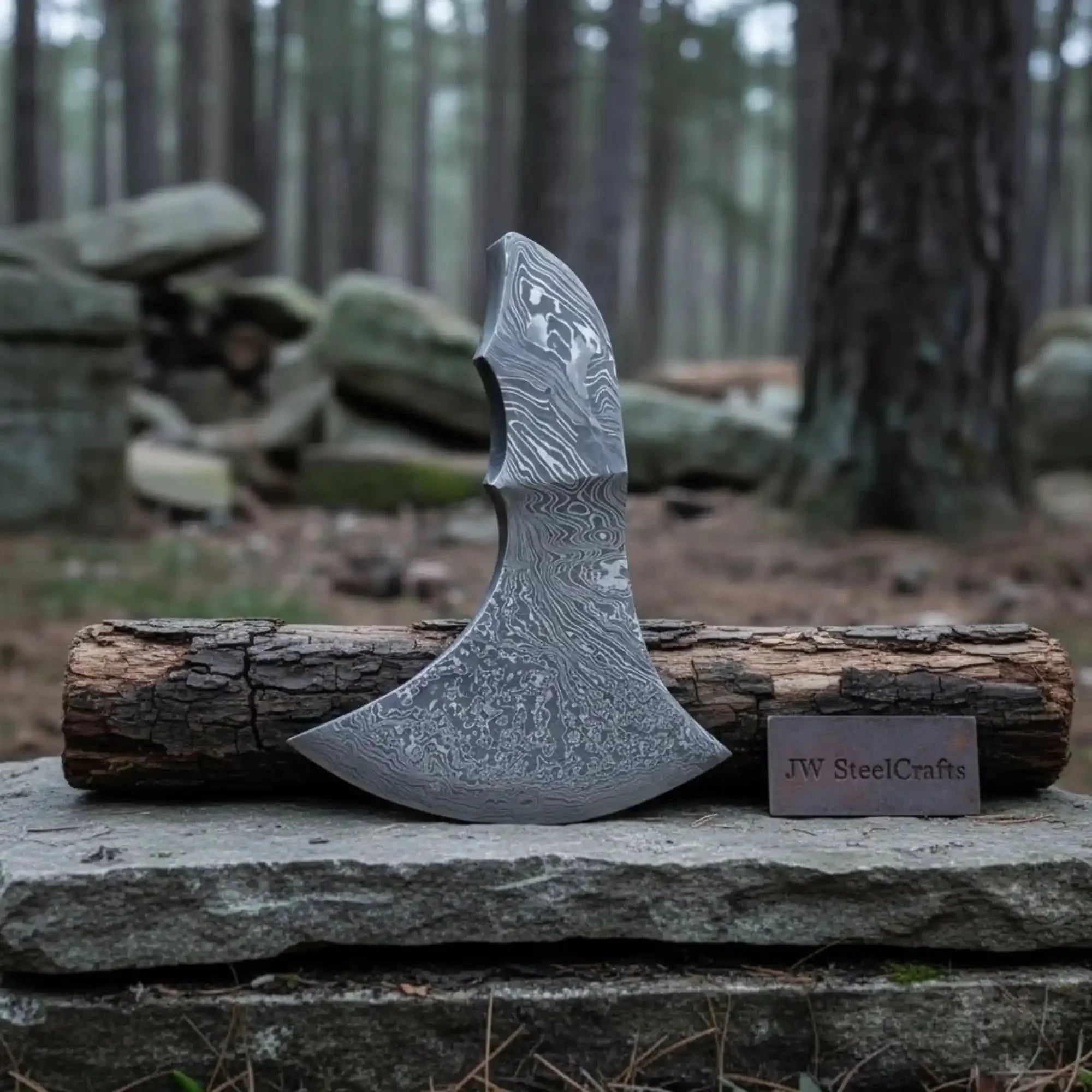 Grimvisage Damascus Axe 6" Handmade Viking Bearded Axe Head, Acid-Etched