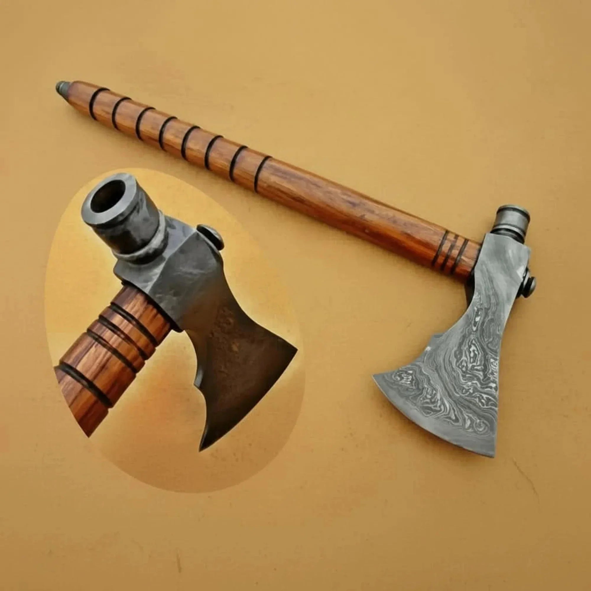 Damascus Wood Handle Smoking Axe 19 Inch