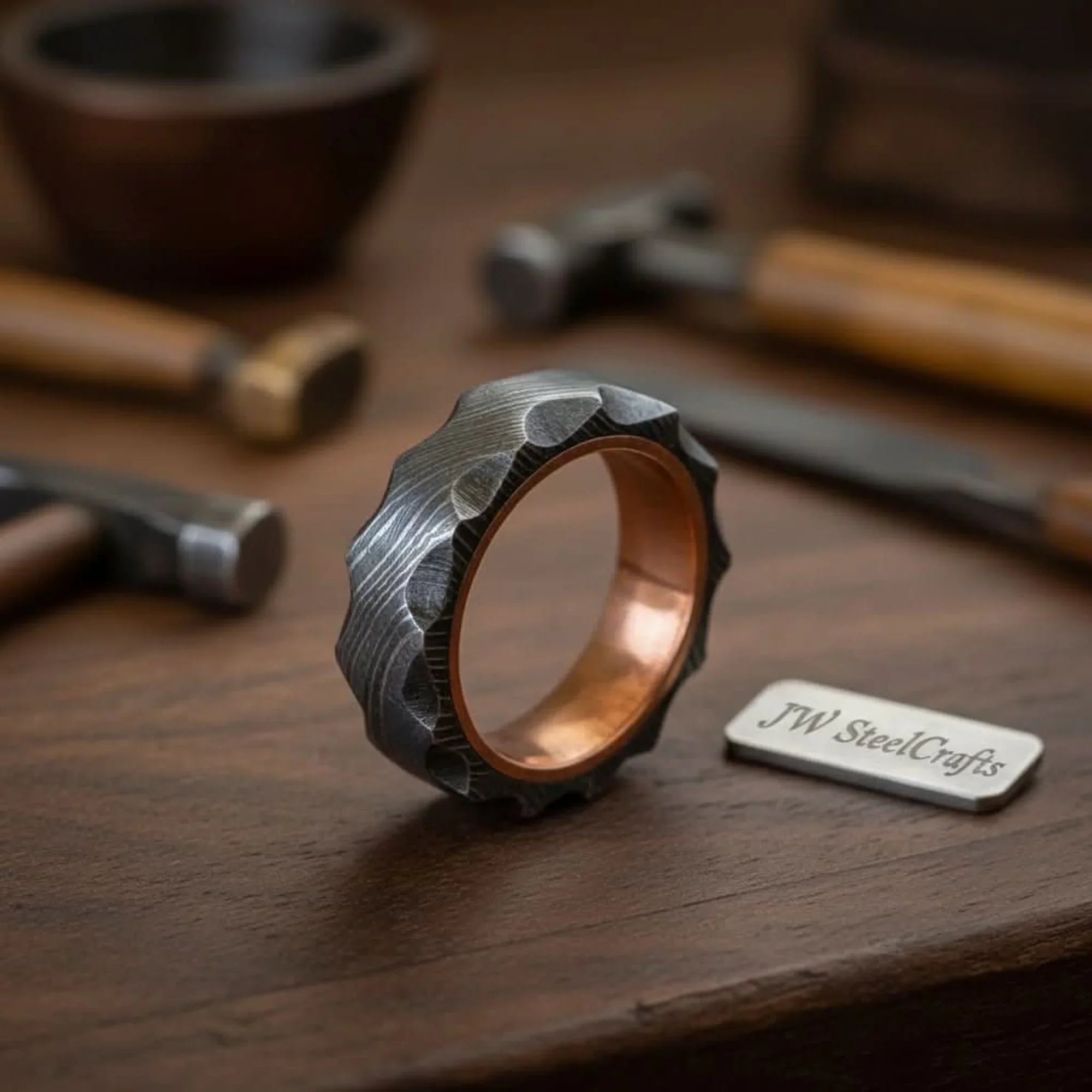 Copper Sleeve Damascus Ring with Carved Faceted Exterior