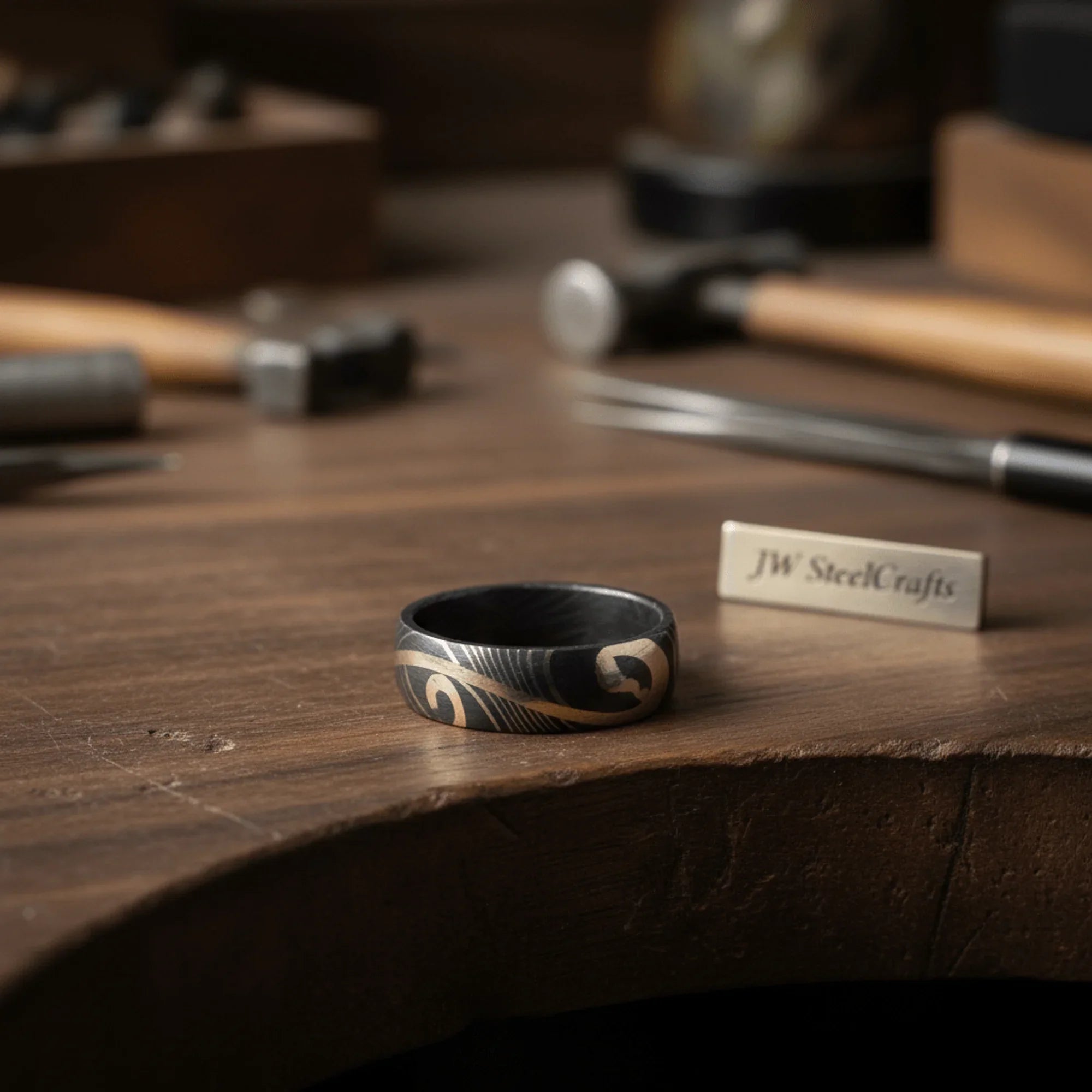 Damascus Gold Wave Inlay Ring with Organic Brass Swirl