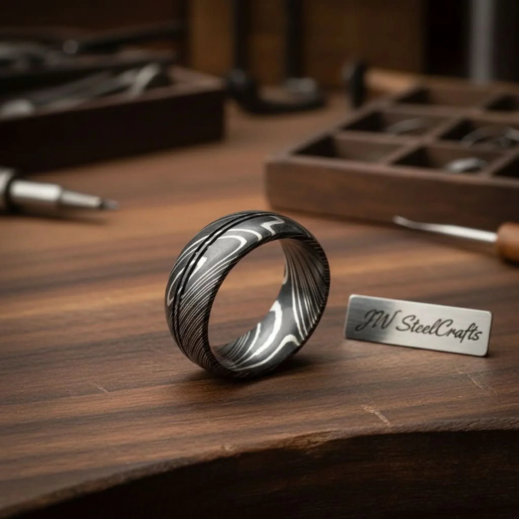 Damascus Center Double Groove Ring with Symmetric Grooves