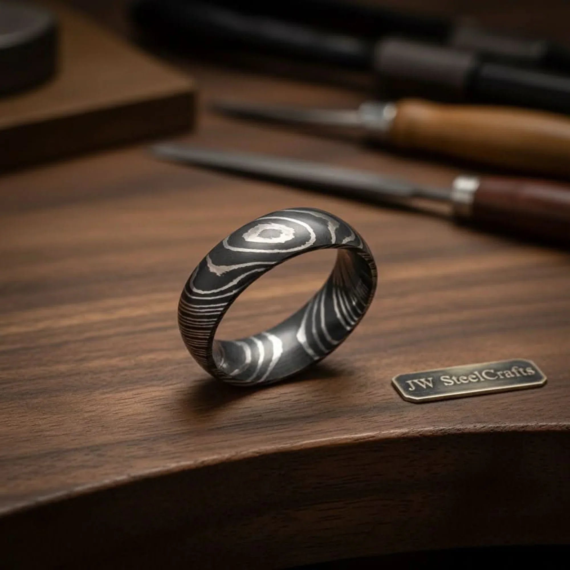 Domed Woodgrain Damascus Ring with Knot Pattern Steel