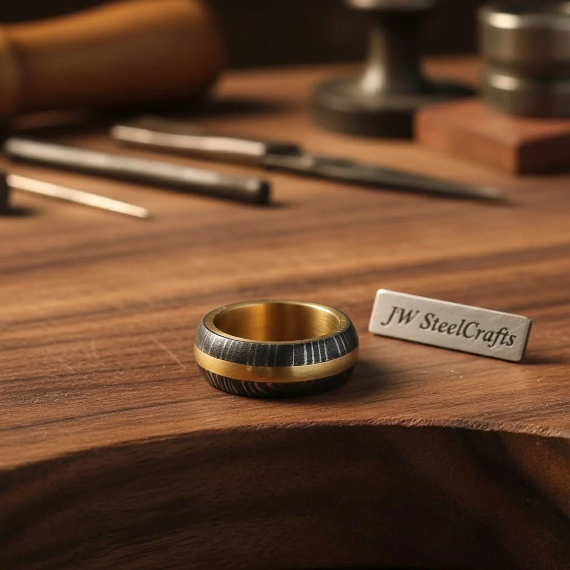 Domed Damascus Gold Inlay Ring with Wide Gold Band