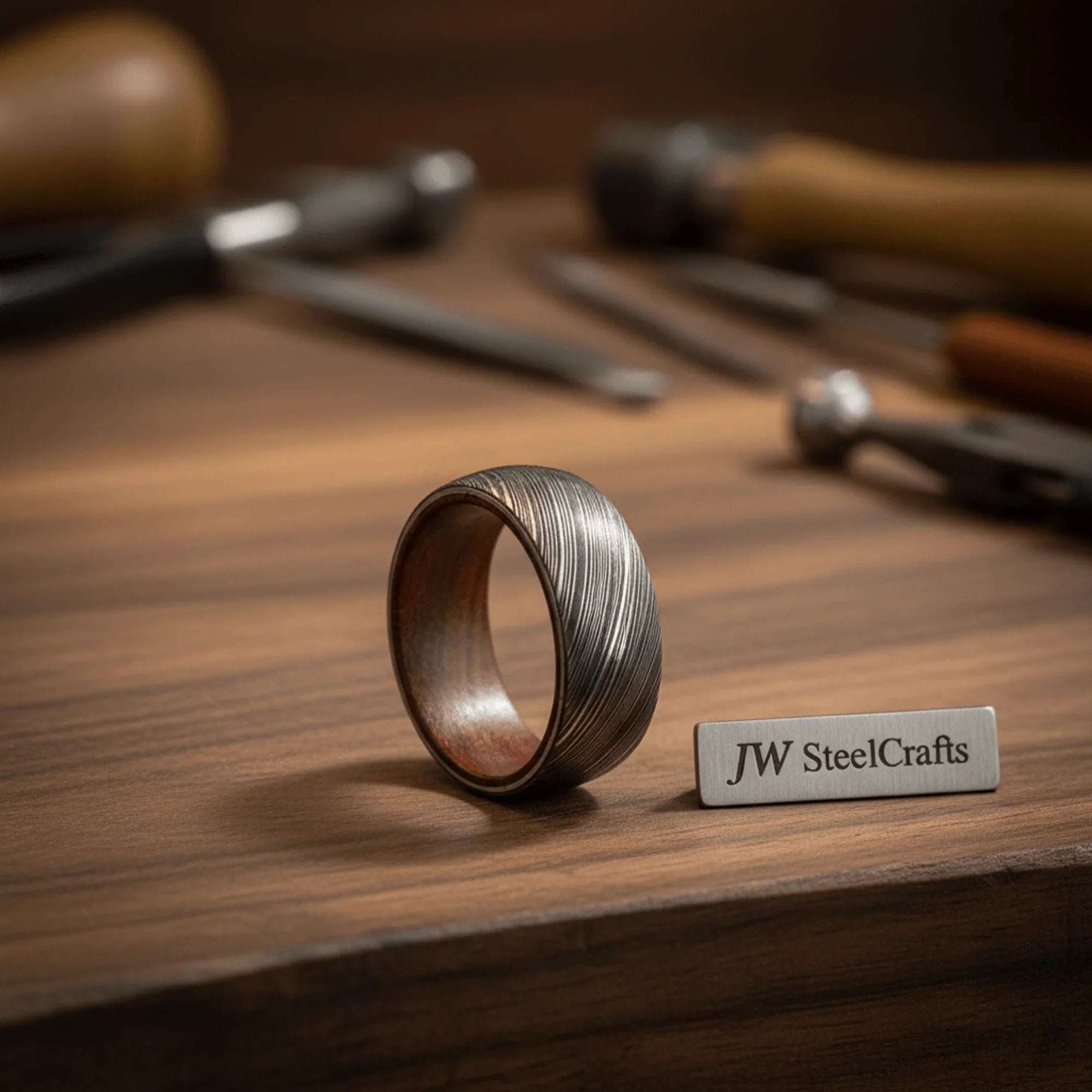 Damascus Wood Sleeve Ring with Natural Wood Liner and Linear Steel Pattern