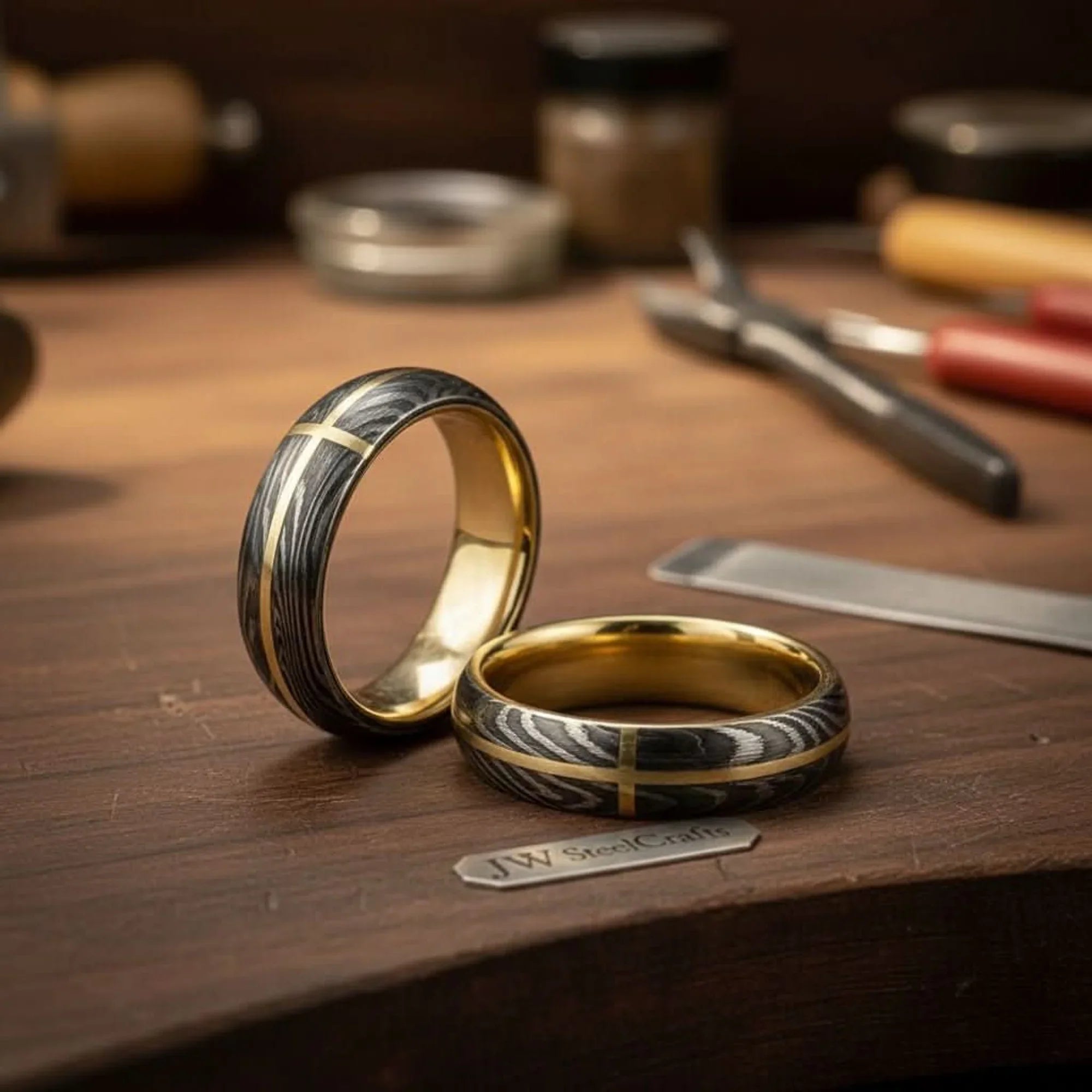 Damascus Gold Inlay Ring Set with Brass Cross Inlay