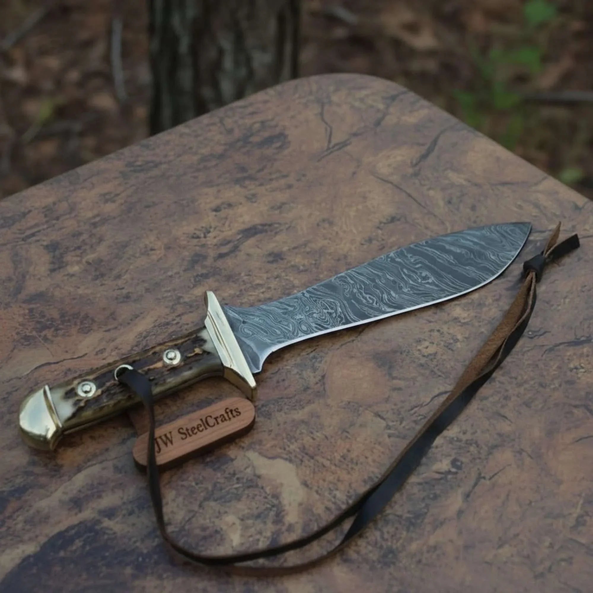 Handmade Persian-Style Upswept Bowie Knife with Stag Handle and Brass Pommel
