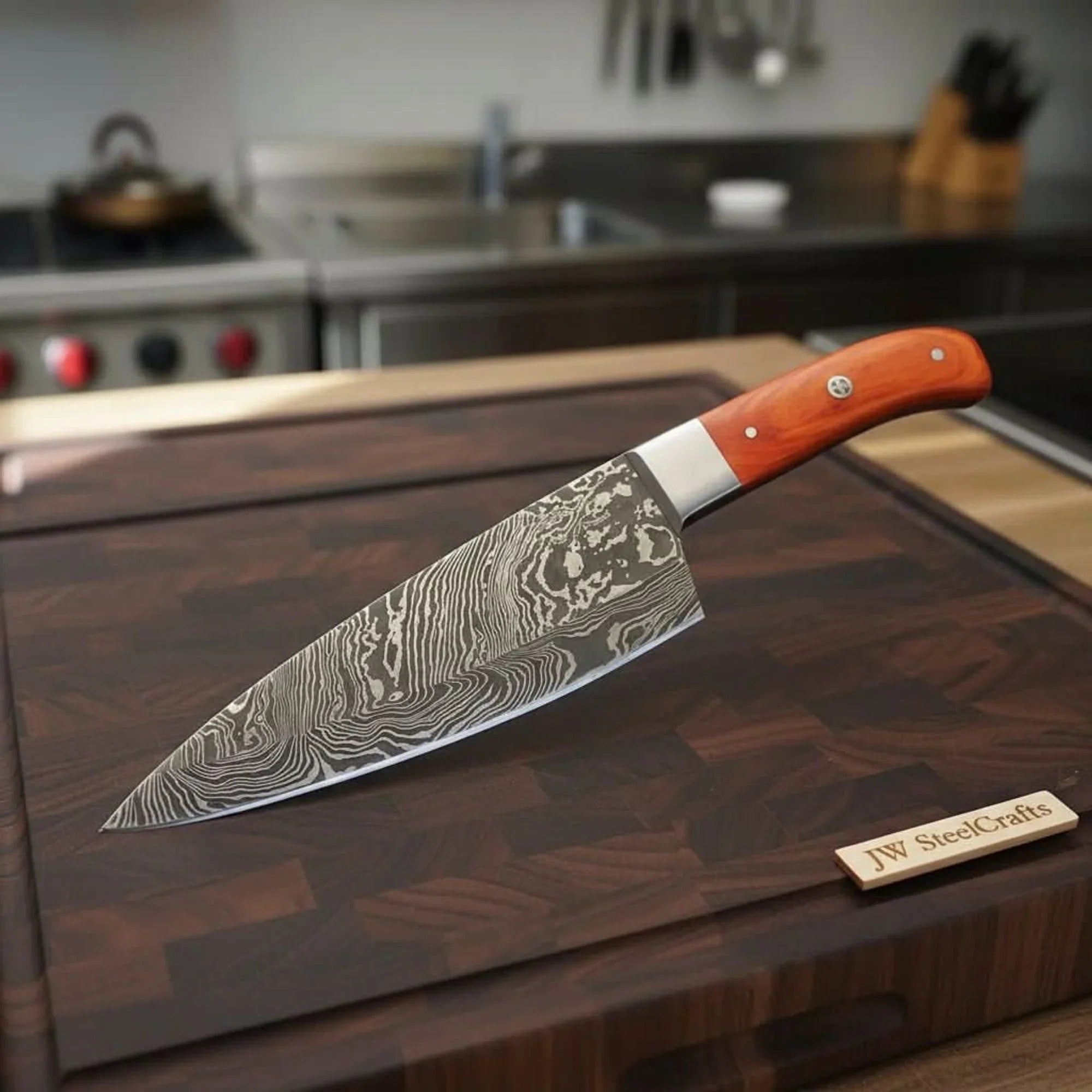 Damascus Gyuto Knife with Layered Steel Blade & Orange Wood Handle for Precision Slicing