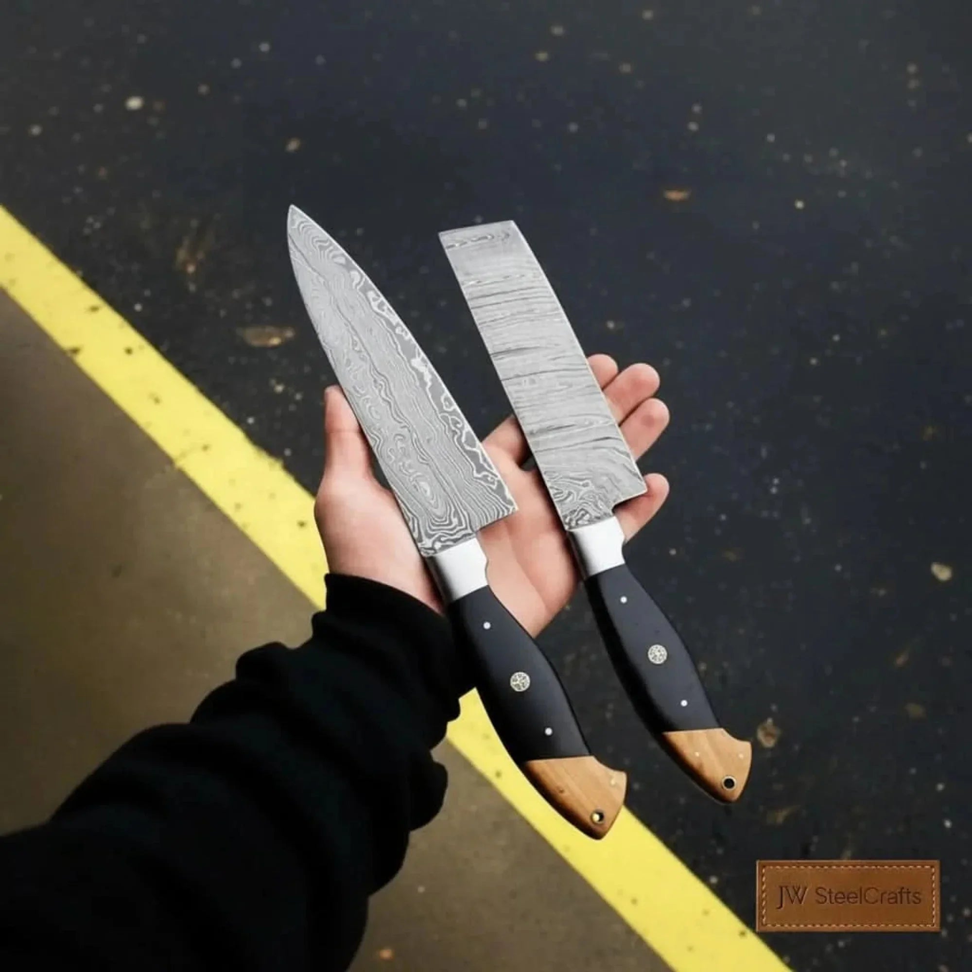 Damascus Chef Knife & Chinese Cleaver Set with Olive Wood & Black Resin Handles