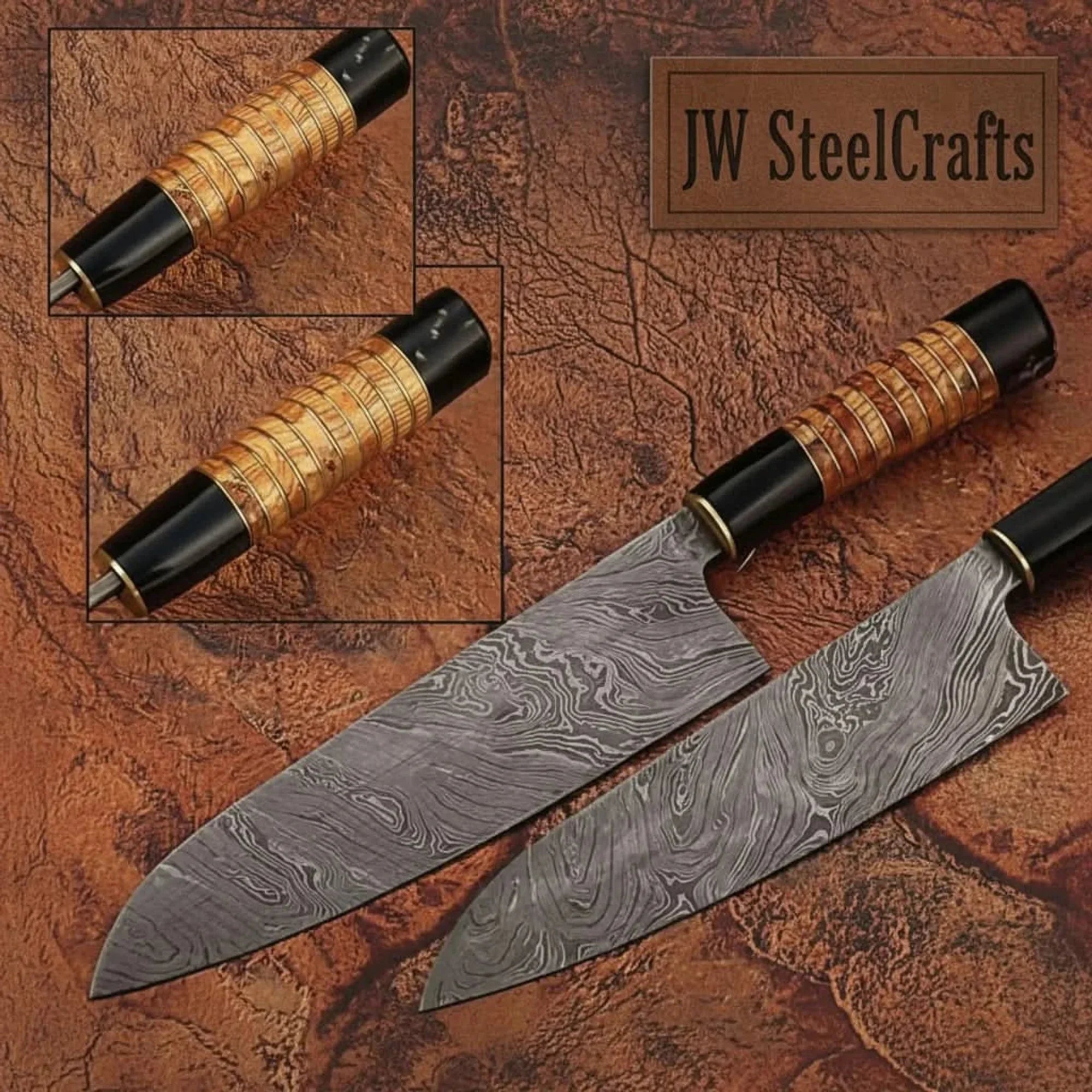Forged Damascus Santoku Knife – 7" Blade, Olive Wood & Black Micarta Handle, Full Tang Kitchen Knife