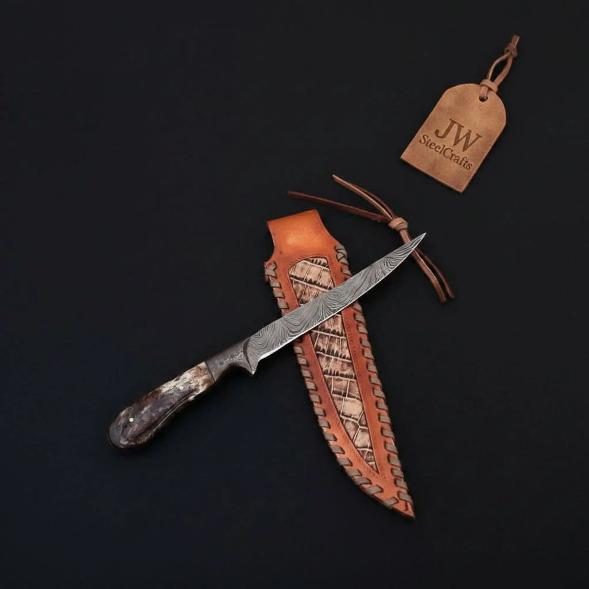 Custom Handmade Damascus Steel Boning Knife With Colour Bone Handle  with Leather Sheath