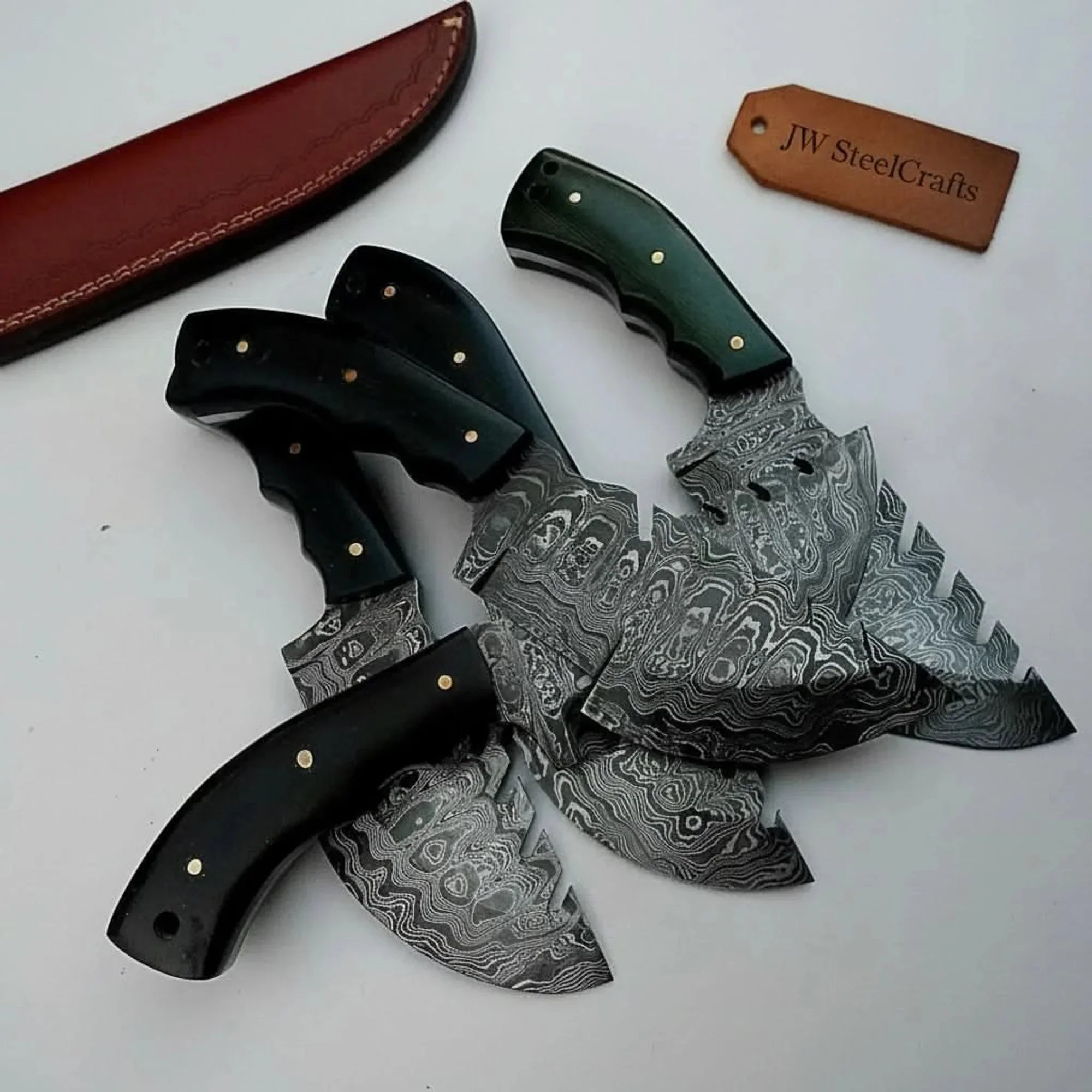 Custom Pattern-Welded Damascus Tracker Knives Collection (5 Knives) — Bushcraft & Survival Set