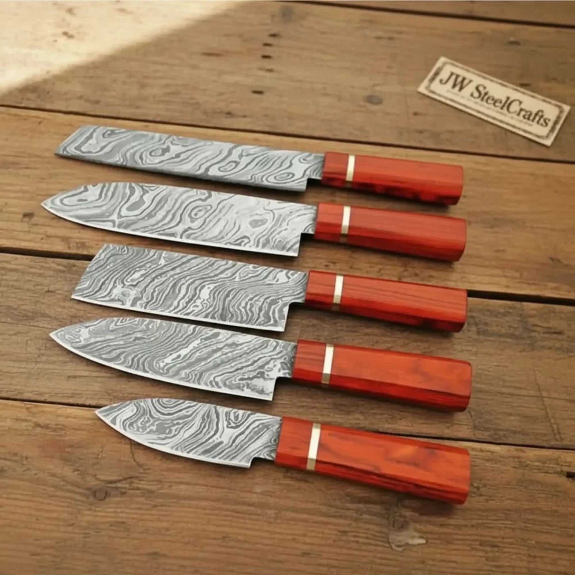 Artisan 5-Piece Damascus Chef Knife Set with Brown Pakka Wood Handles and Lanyard Holes