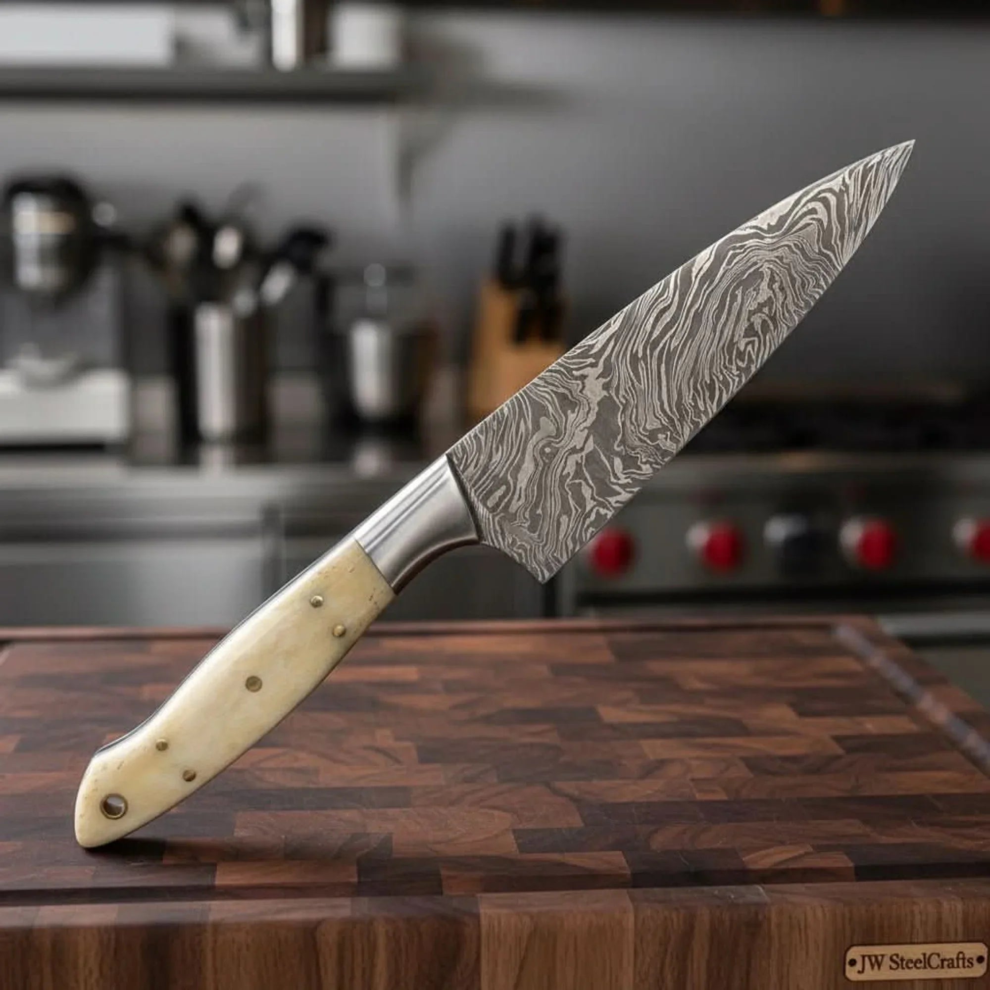 Custom Handmade Damascus Bunka Knife with Bone Handle and Steel Bolster, Hand Forged Japanese knives