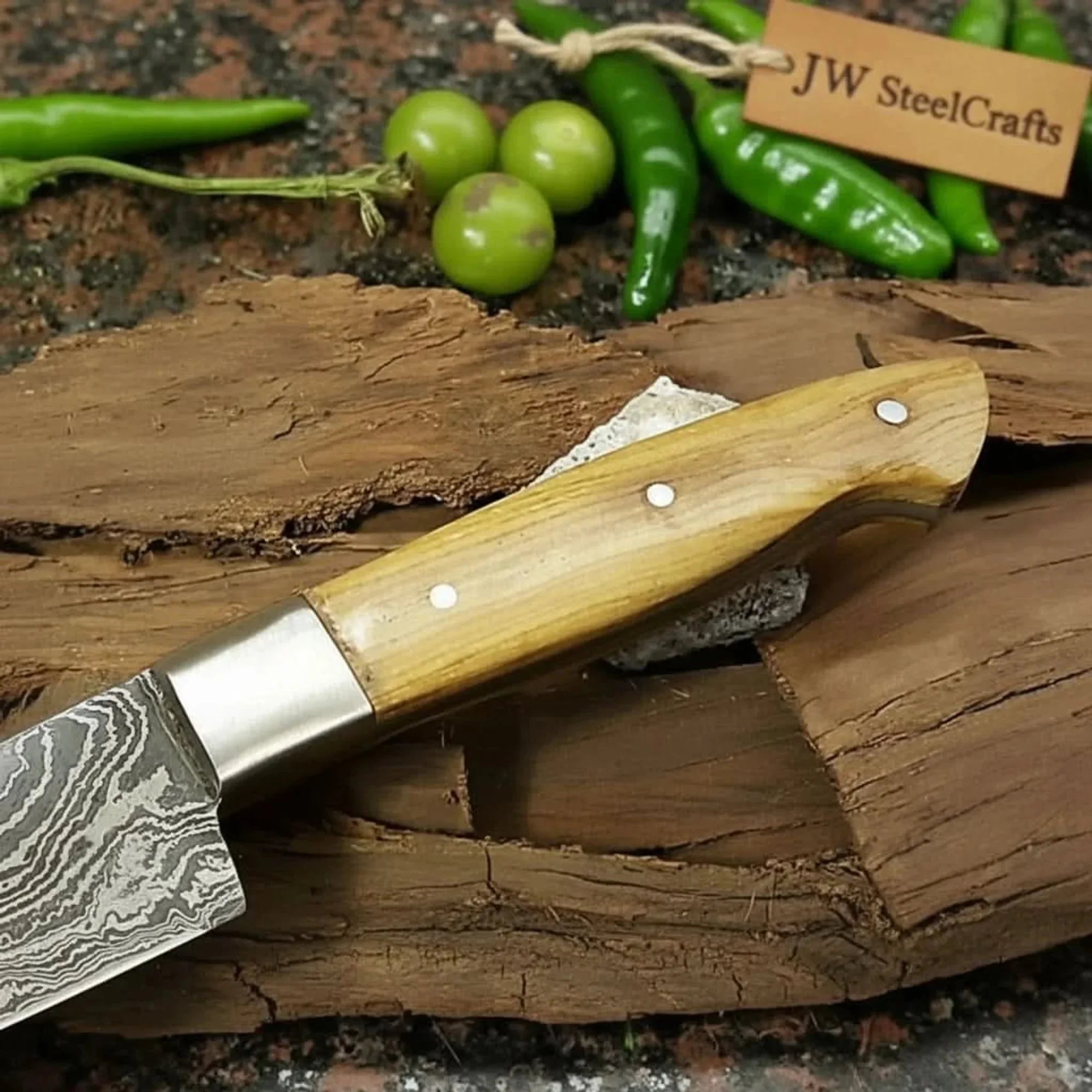Full Tang Japanese Design Gyuto Knife – Handmade Damascus Chef Knife with Grey Wood Handle