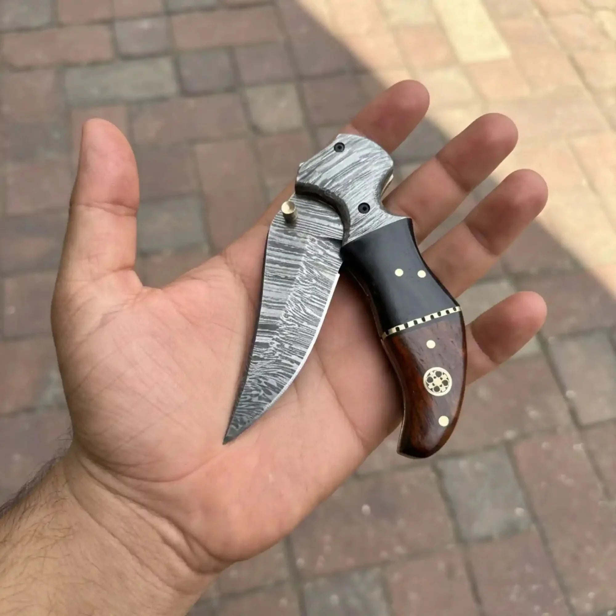 Damascus Recurve Folding Pocket Knife Liner Lock, Black Resin & Wood Handle, Brass Spacer & Pocket Clip