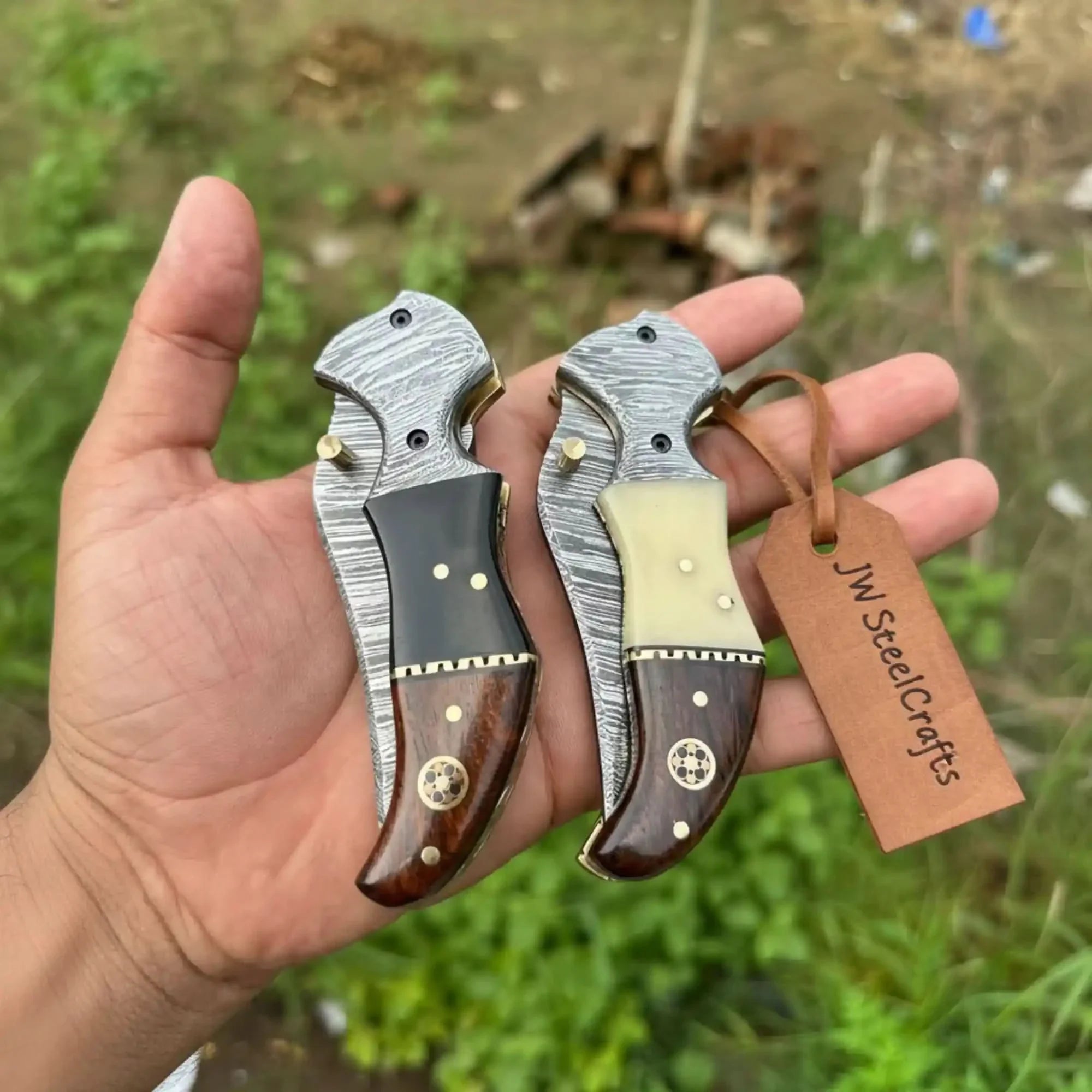 Damascus Neck Folding Knife Set with Rosewood Black & Cream Handles