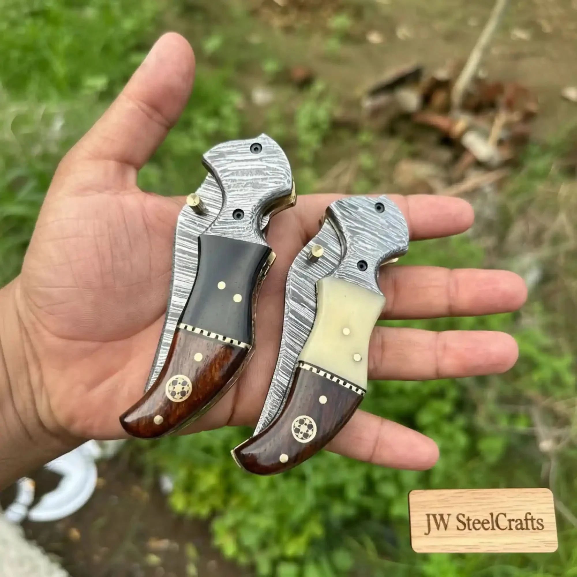 Damascus Neck Folding Knife Set with Rosewood Black & Cream Handles