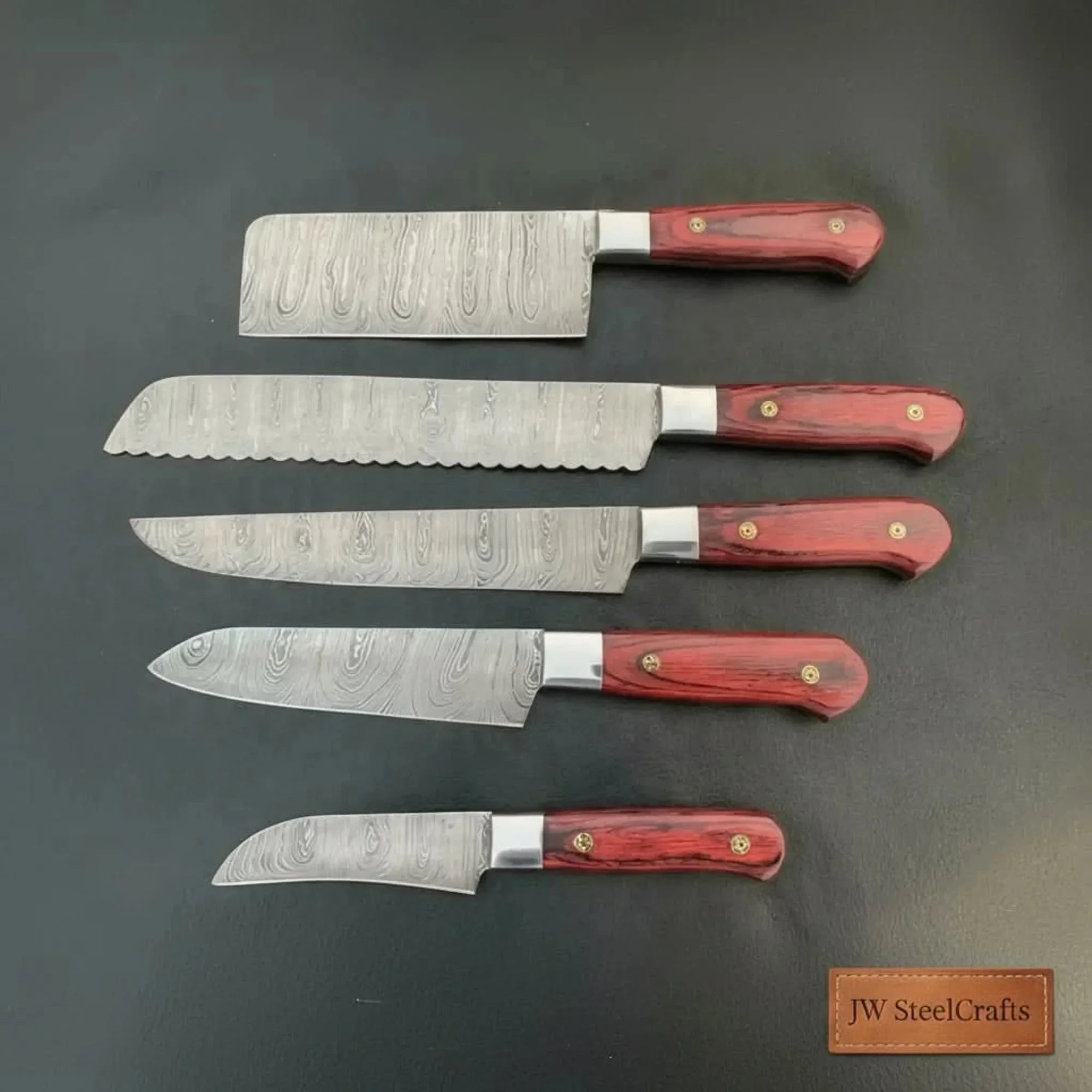 5-Piece Handcrafted Damascus Steel Knife Set: Cleaver, Bread, Chef, Utility, Paring