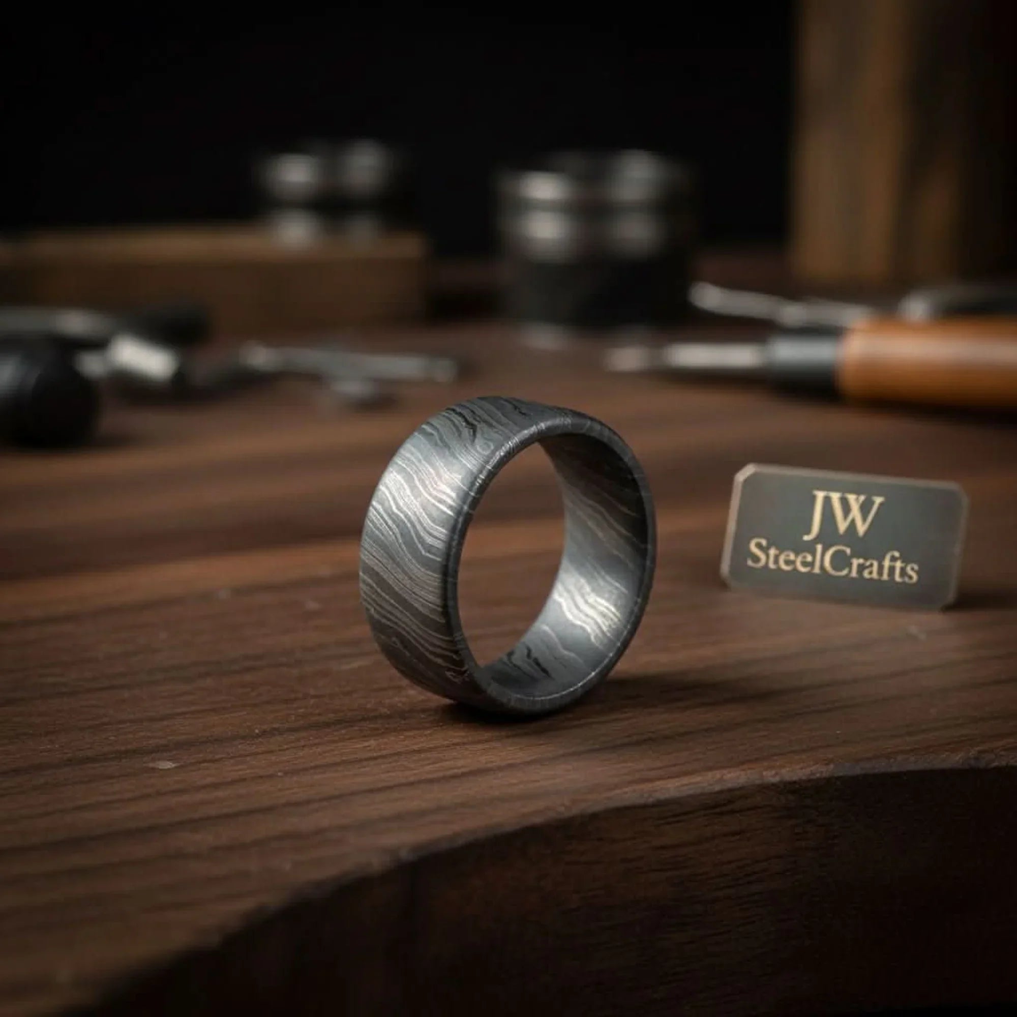 Flat Twist Damascus Wedding Band with Bold Wavy Pattern