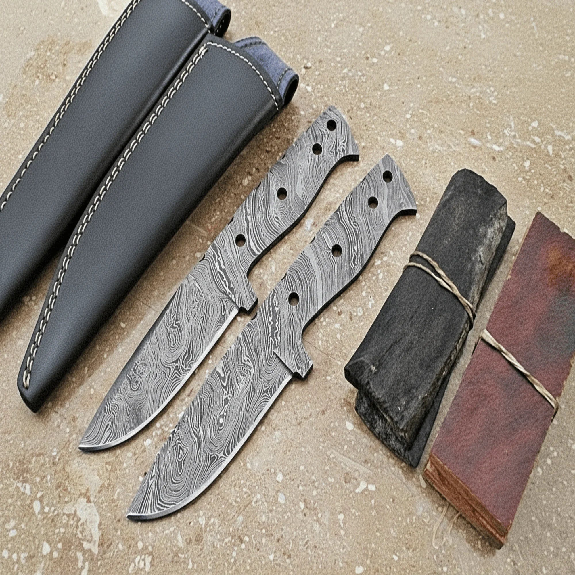 Damascus Skinner Knife Blank Set DIY Knife Making Kit with 2 Blade Blanks and Leather Sheaths