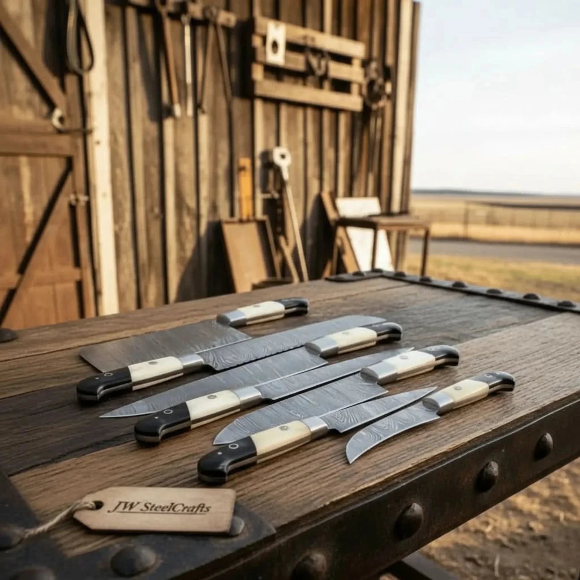 7-Piece Damascus Knife Set with White Bone and Black Resin Handles