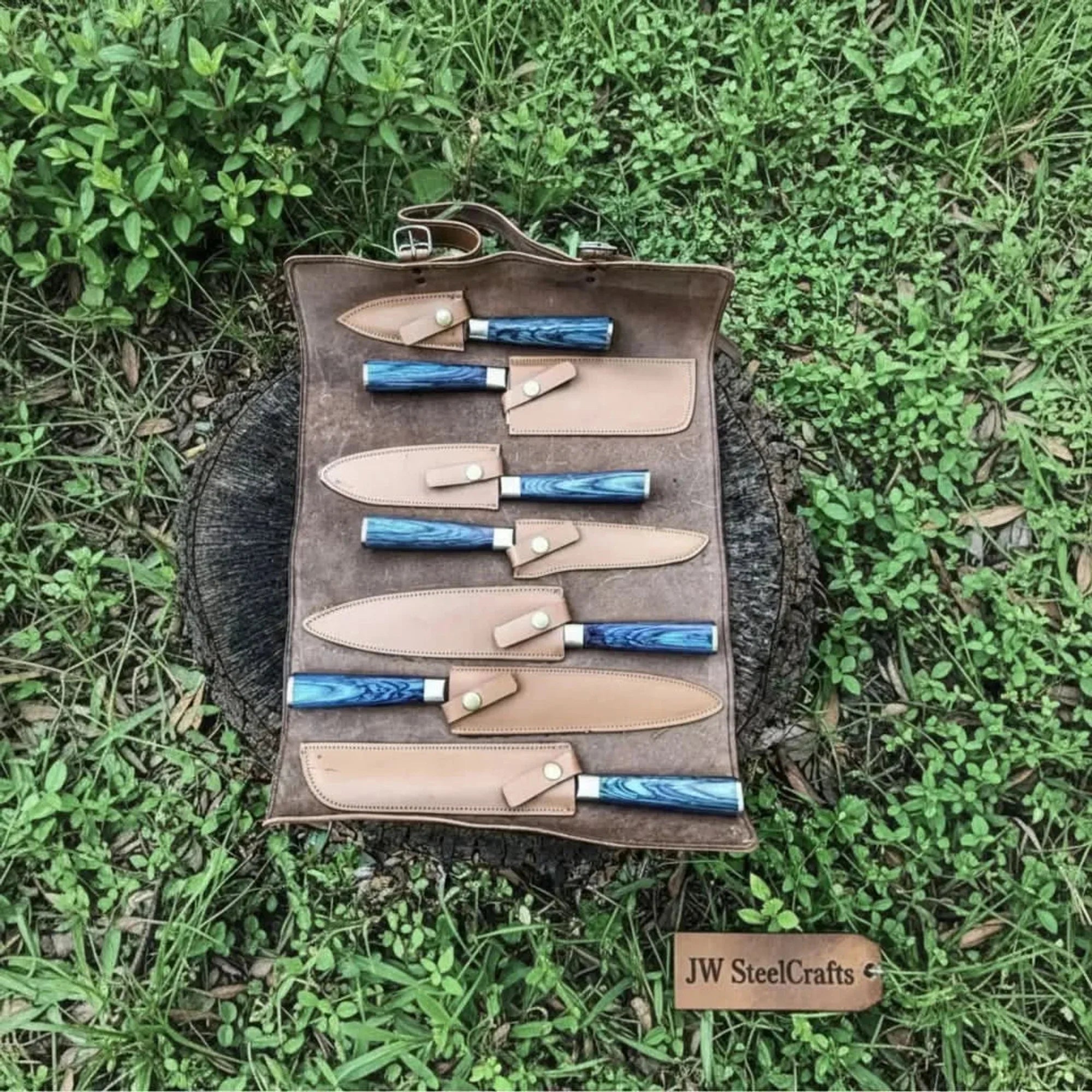 7-Piece Damascus Knife Set Blue Stabilized Wood with Wood Grain Blades