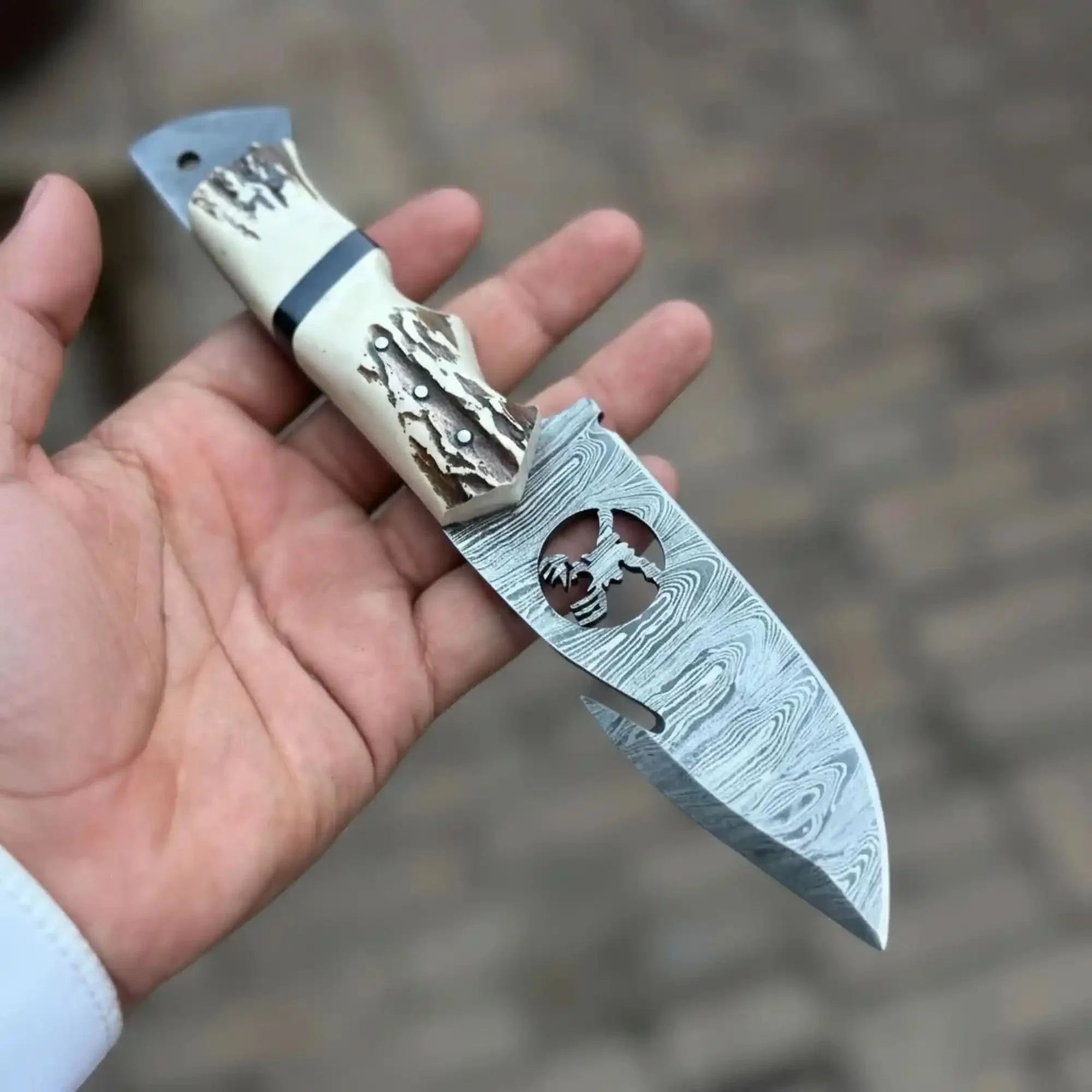 Damascus Gut Hook Hunting Knife with Deer Cutout Blade and Synthetic Stag Handle