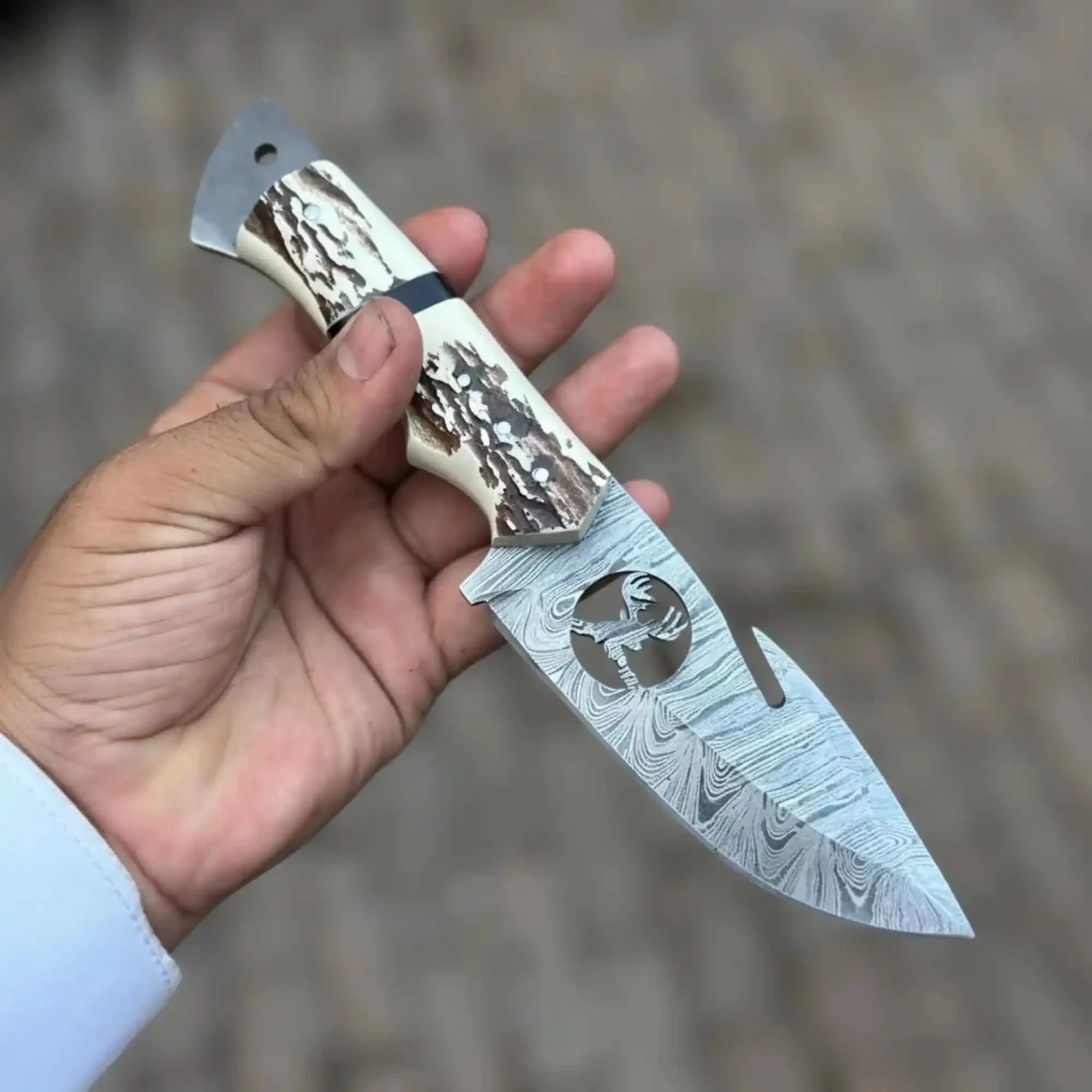 Damascus Gut Hook Hunting Knife with Deer Cutout Blade and Synthetic Stag Handle