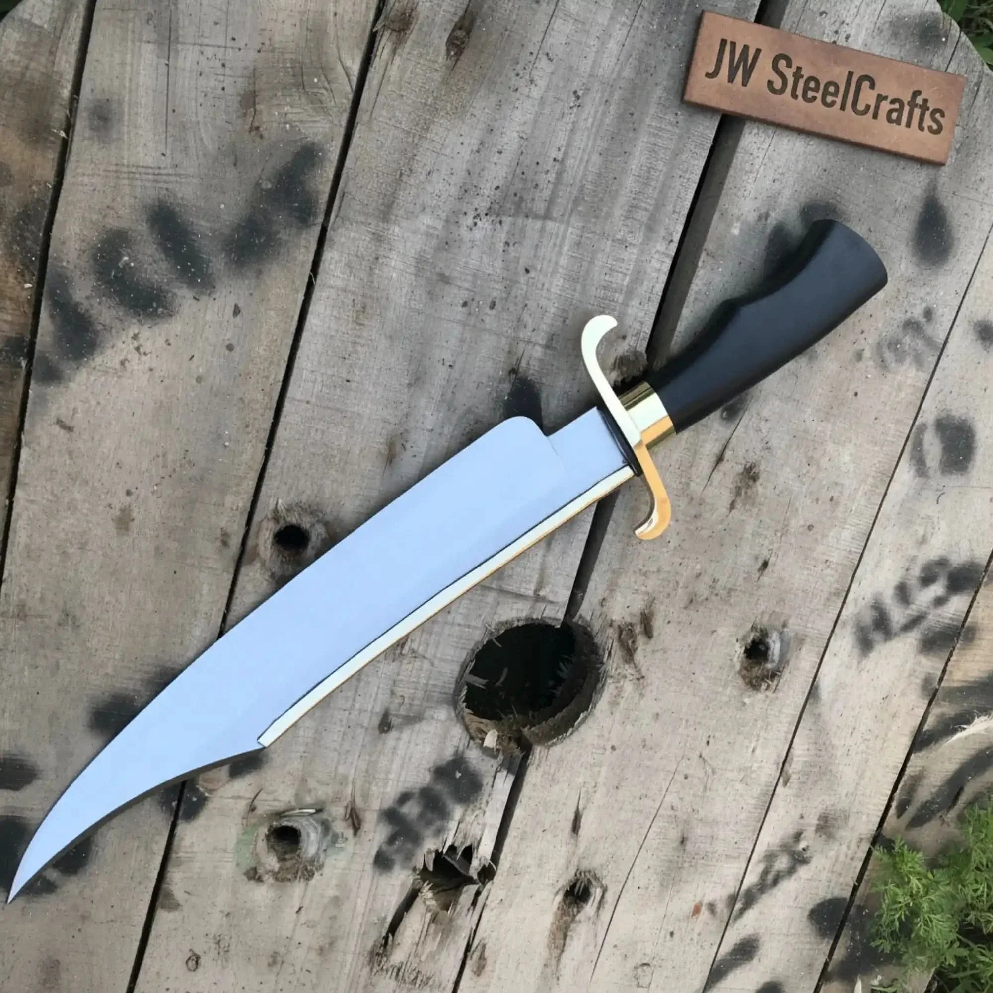 Carbon Steel 10-Inch Clip Point Bowie Knife — Black Handle, Brass S-Guard & Mirror Polished Blade