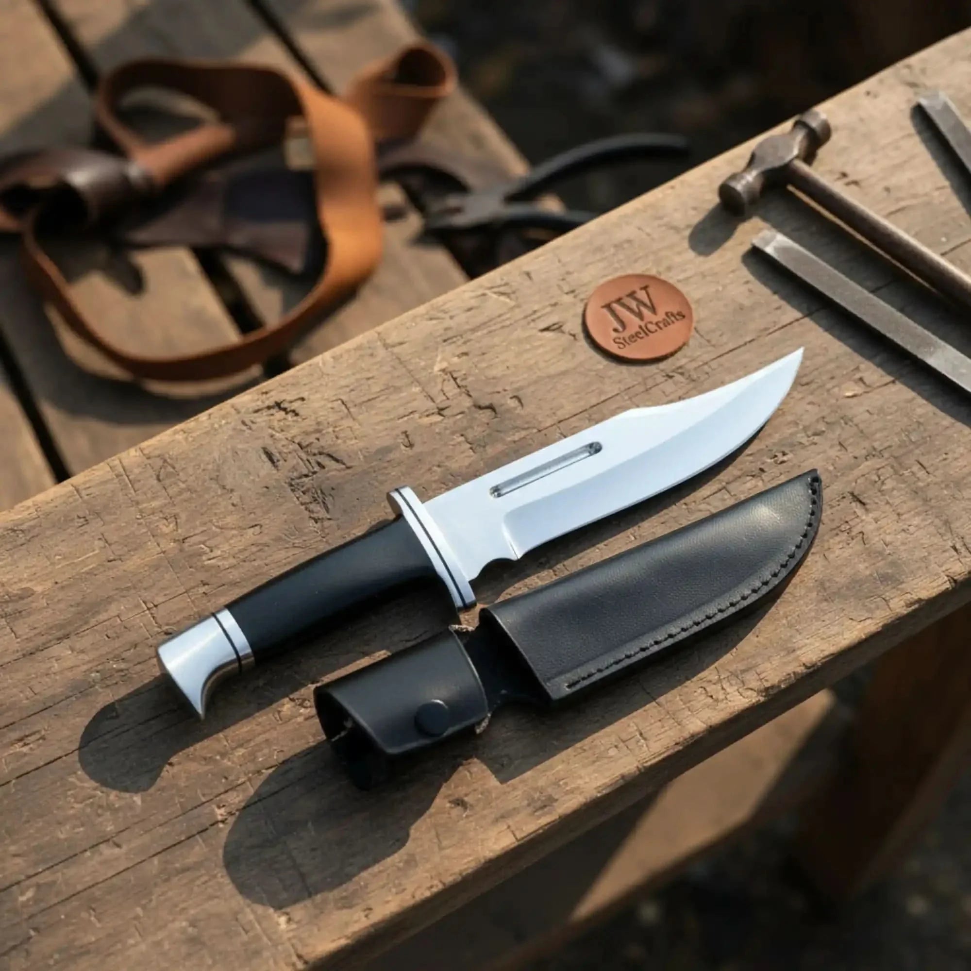 Carbon Steel Clip Point Bowie Knife — Black Resin Handle, Steel Guard, Steel Pommel & Mirror Polished Blade