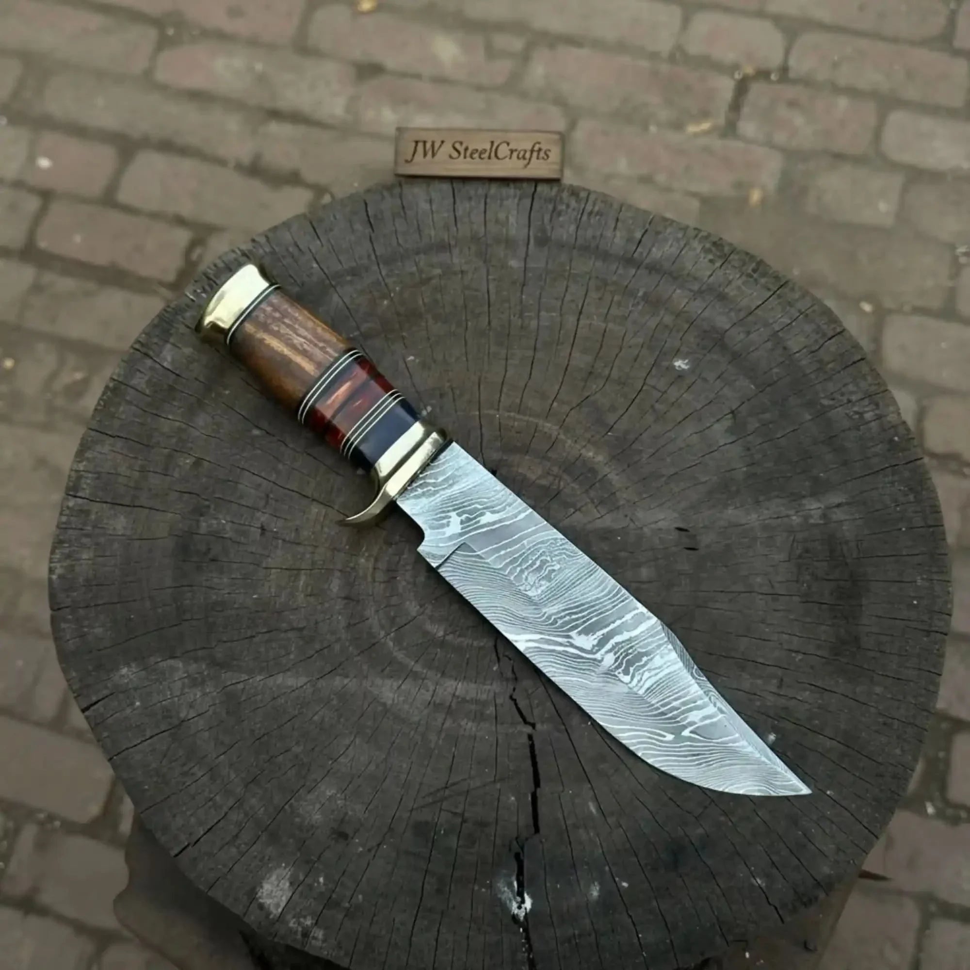 Handmade Damascus Steel Bowie Knife  Stacked Leather Handle with Brass Fittings