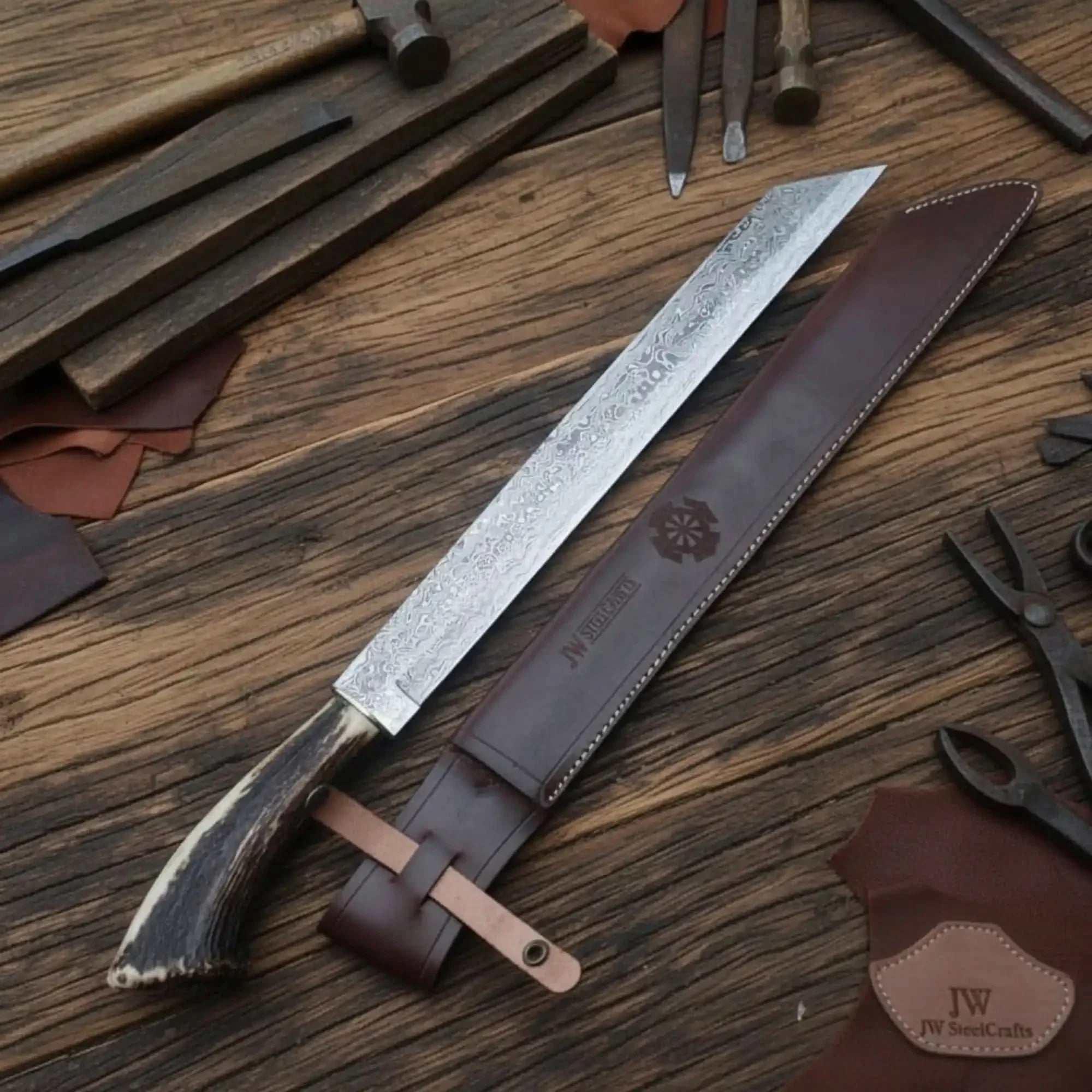 Long Seax Knife Straight Back Blade-Damascus steel | Medieval Style Knife