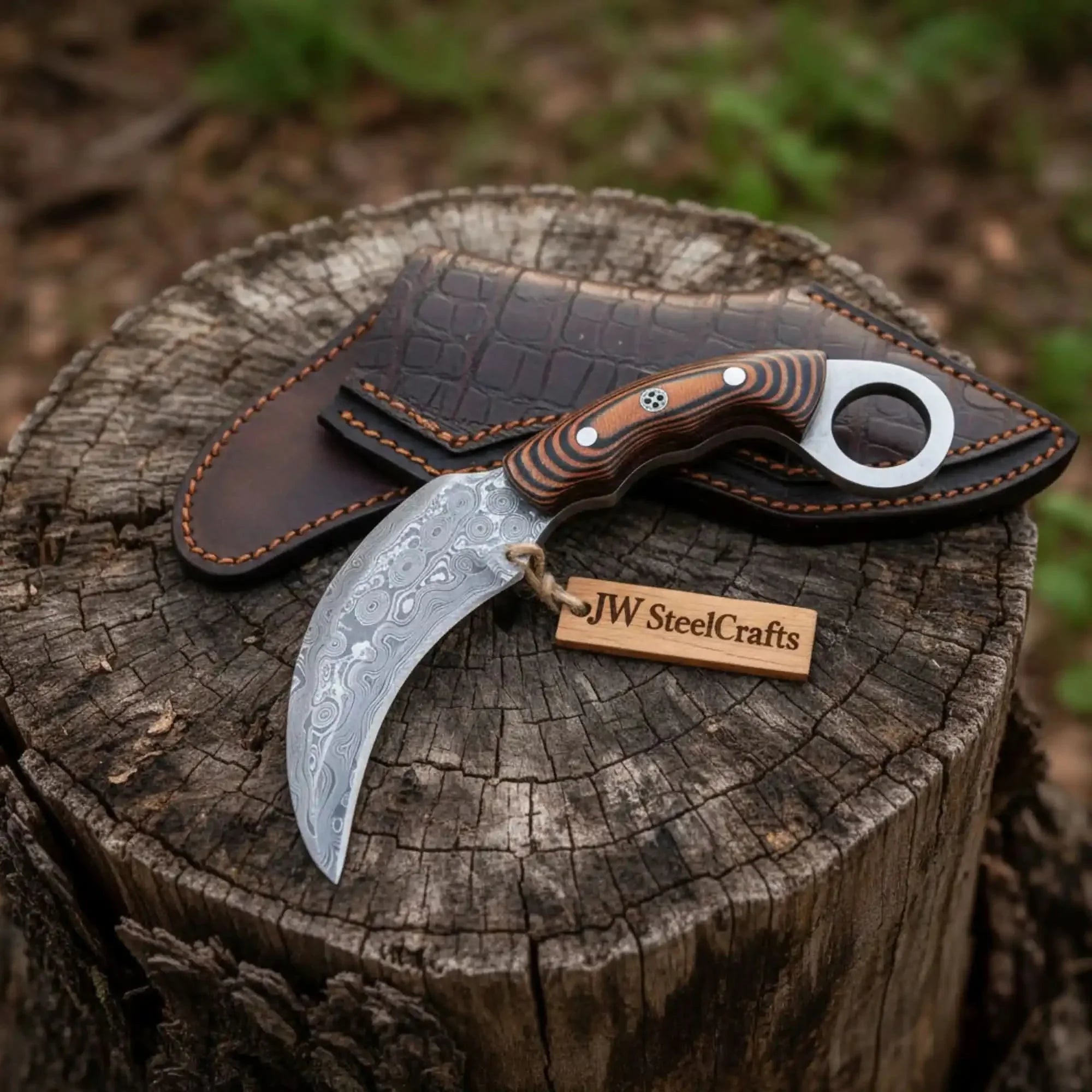Handmade Damascus Karambit Knife with Multi-Color Micarta Handle