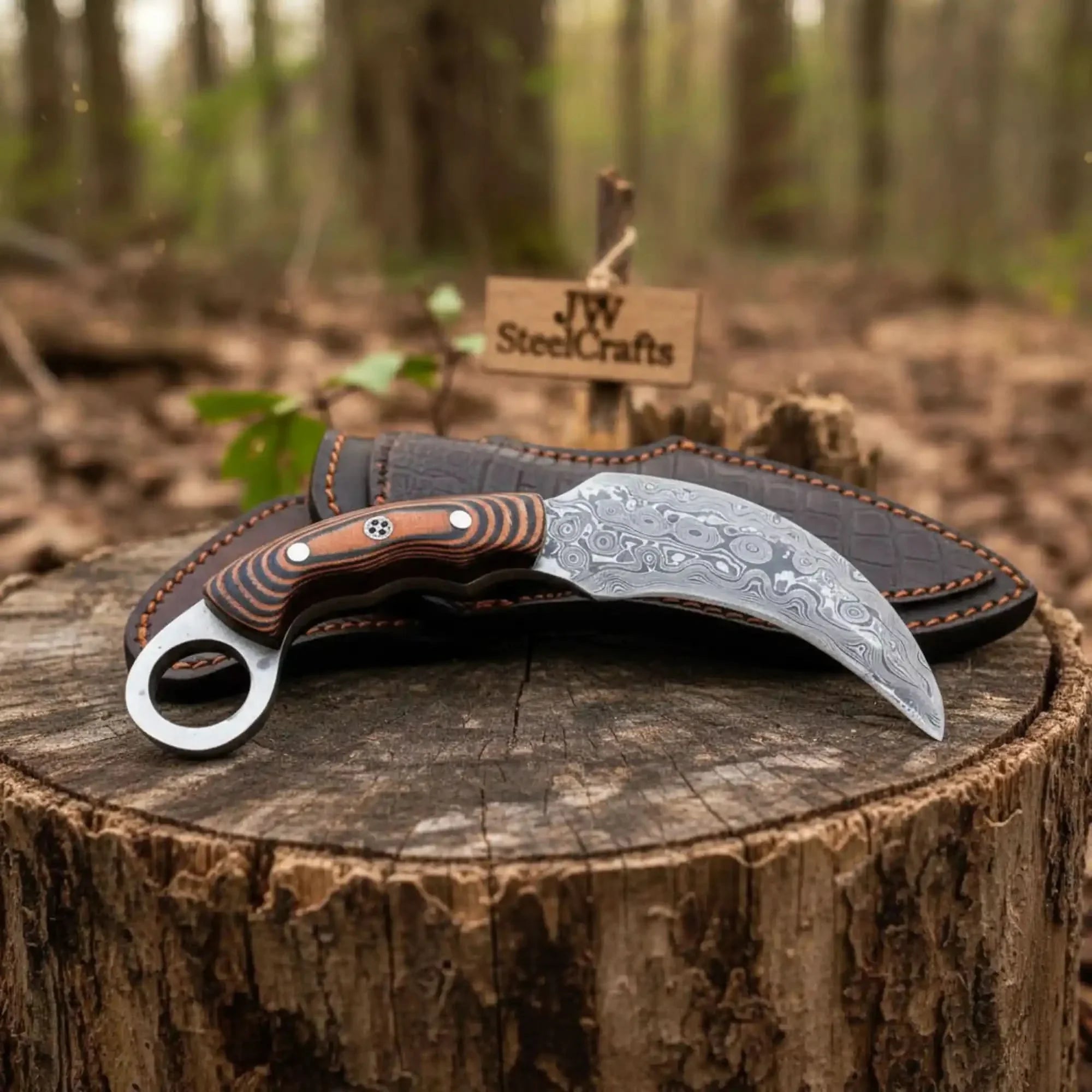 Handmade Damascus Karambit Knife with Multi-Color Micarta Handle