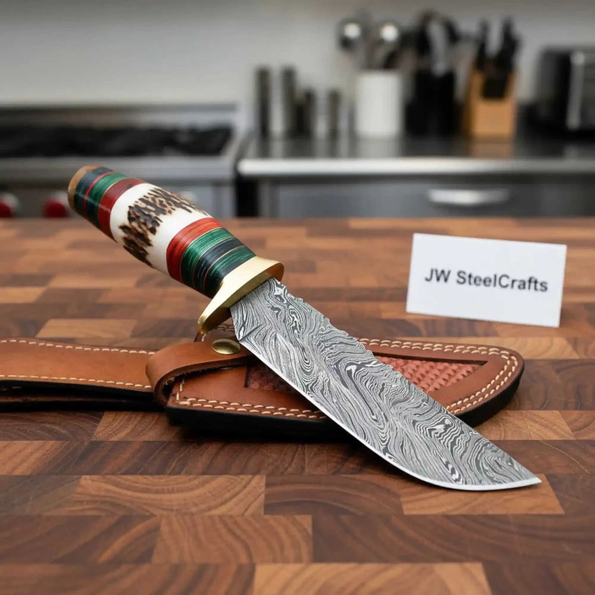 Handmade Damascus Straight Back Hunting Knife with Stag Handle Multi-Colored Pakka Wood Spacers