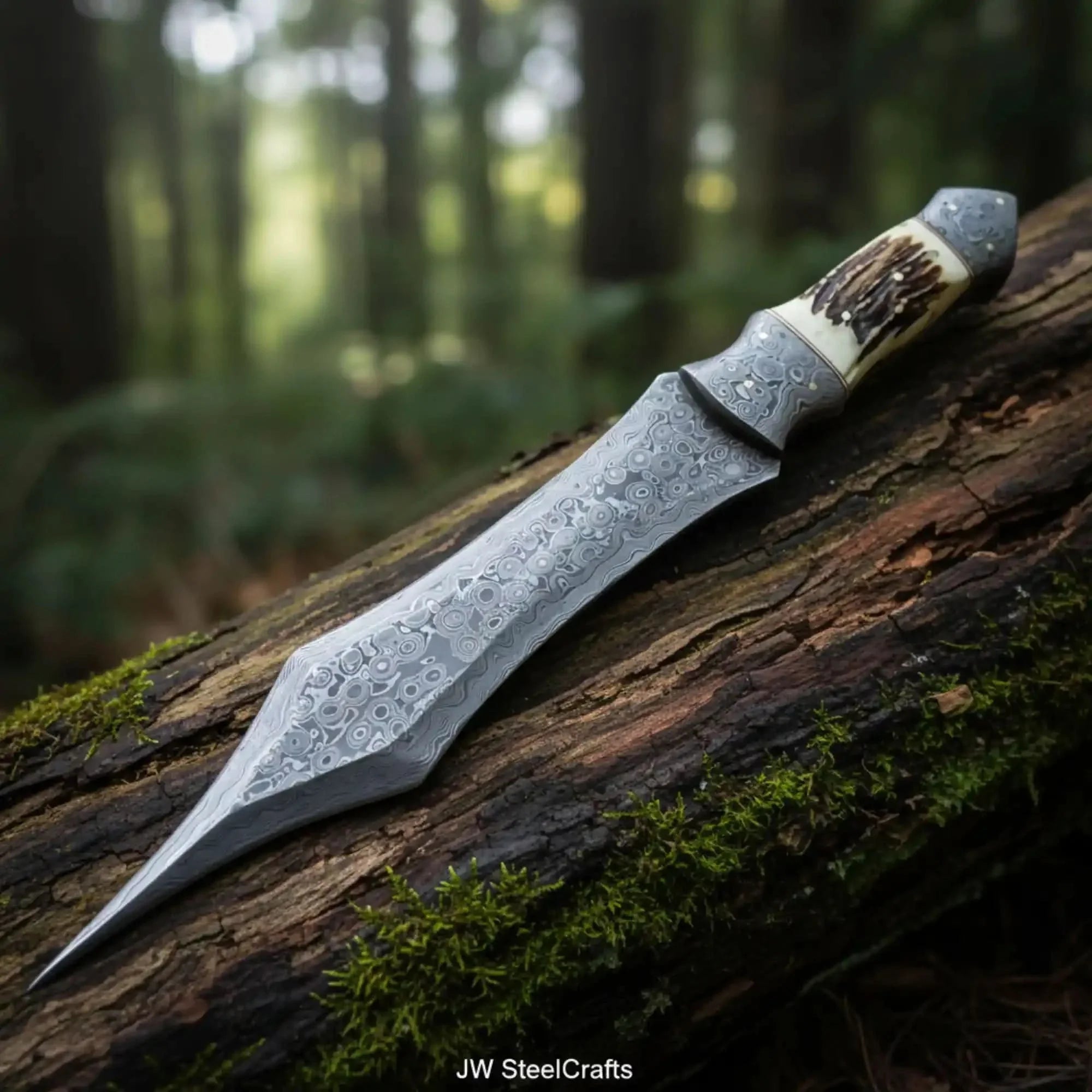 Handmade Damascus Medieval Spear Point Dagger with Stag Horn Handle