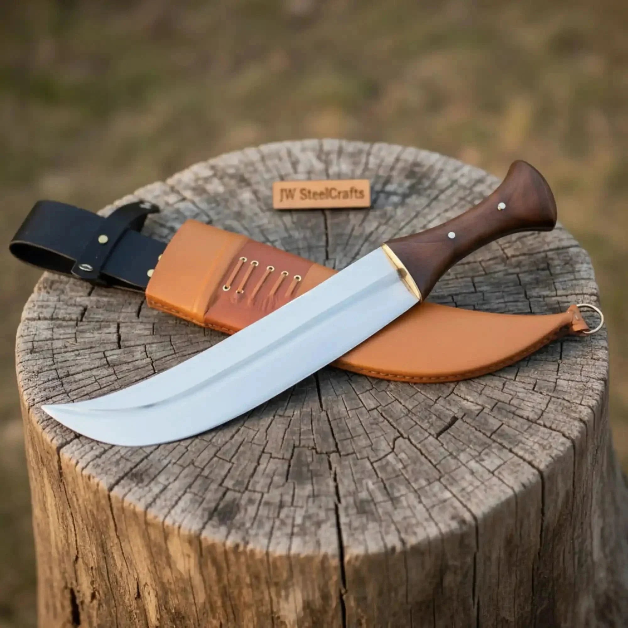 Curved Blade Hunting Knife with Leather Sheath and Wooden Handle