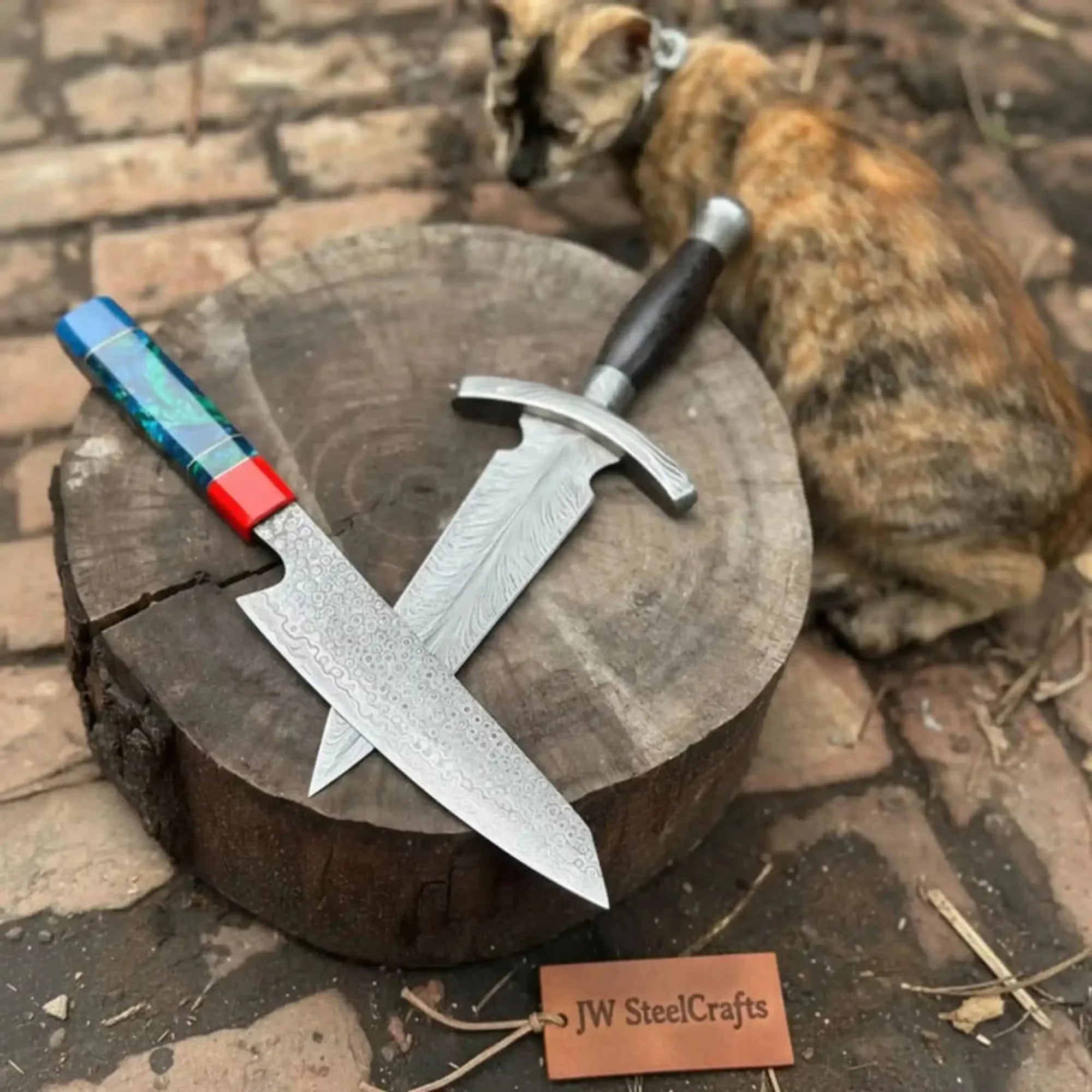 Damascus Kiritsuke & Dagger Knife Set Fixed Blade Resin and Wooden Handle Japanese European Style