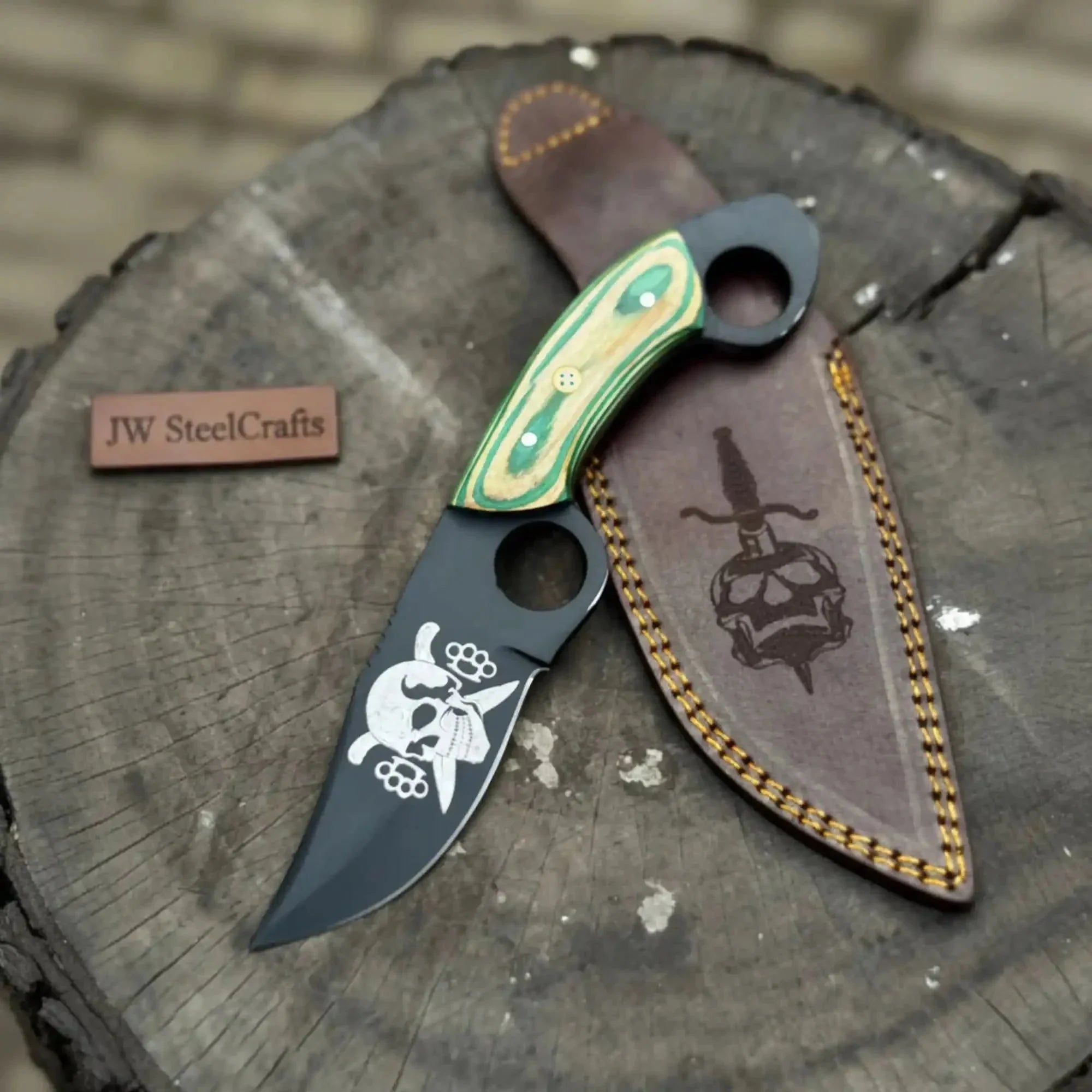 Handmade Karambit Utility Knife 7.5-Inch Curved Blade with Green Pakka Wood Handle
