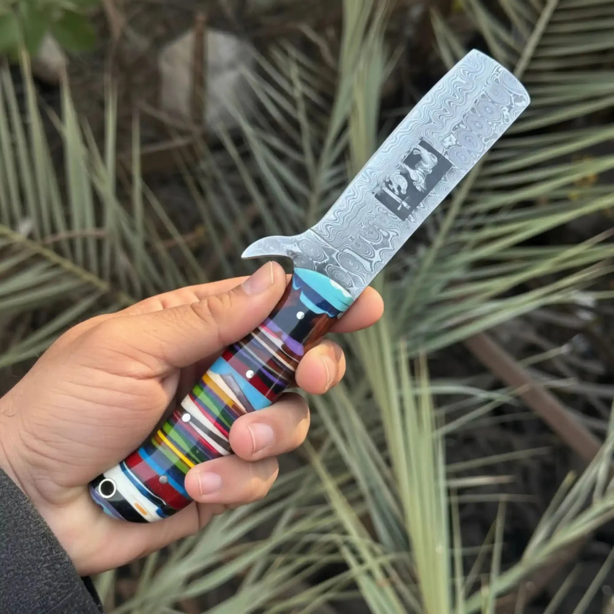Damascus Bull Cutter Knife — Multi-Color Rainbow Resin Handle, Christian Cross Blade Engraving, Steel Bolster & Lanyard Hole