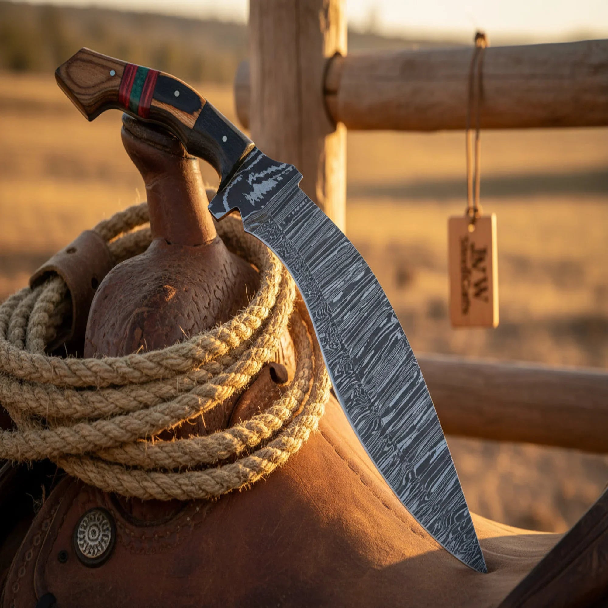 Damascus Kukri Knife with Natural Wood Handle and Forward Curved Blade