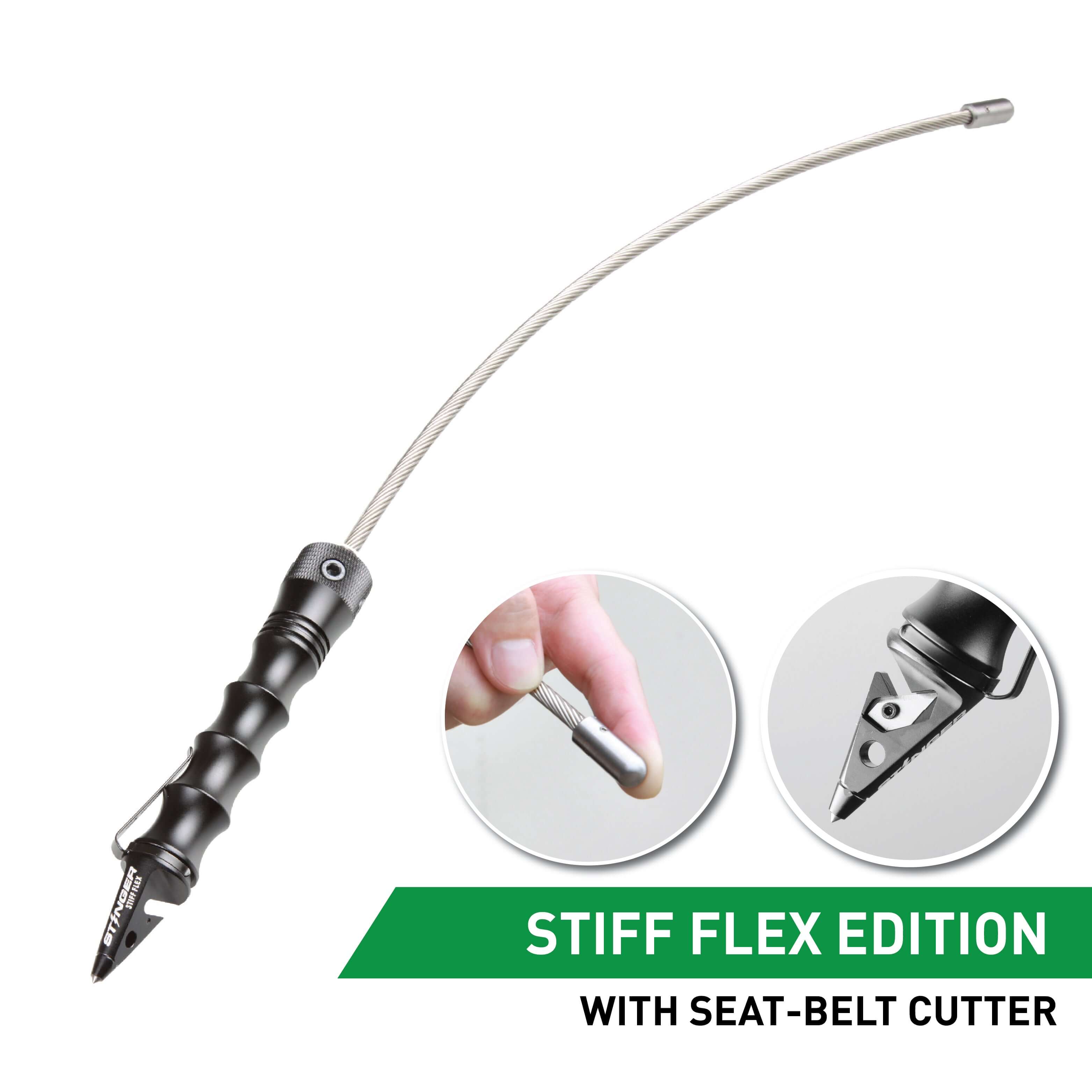 Stinger Whip Car Emergency Tool with Seat Belt Cutter and Window Breaker (Stiff Flex Edition, Black) (SC)