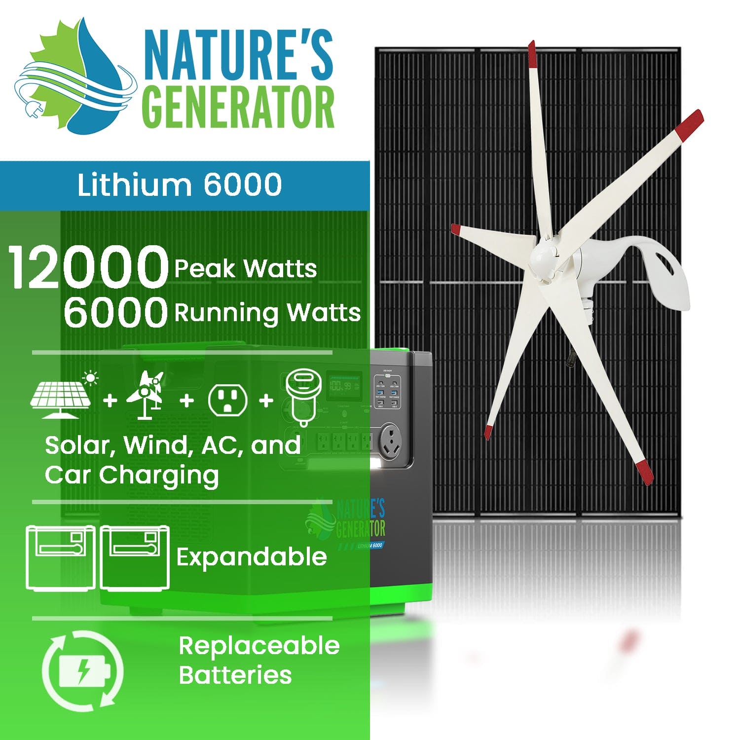 Nature's Generator Lithium 6000 with Solar Panels and Wind Turbine (SC)